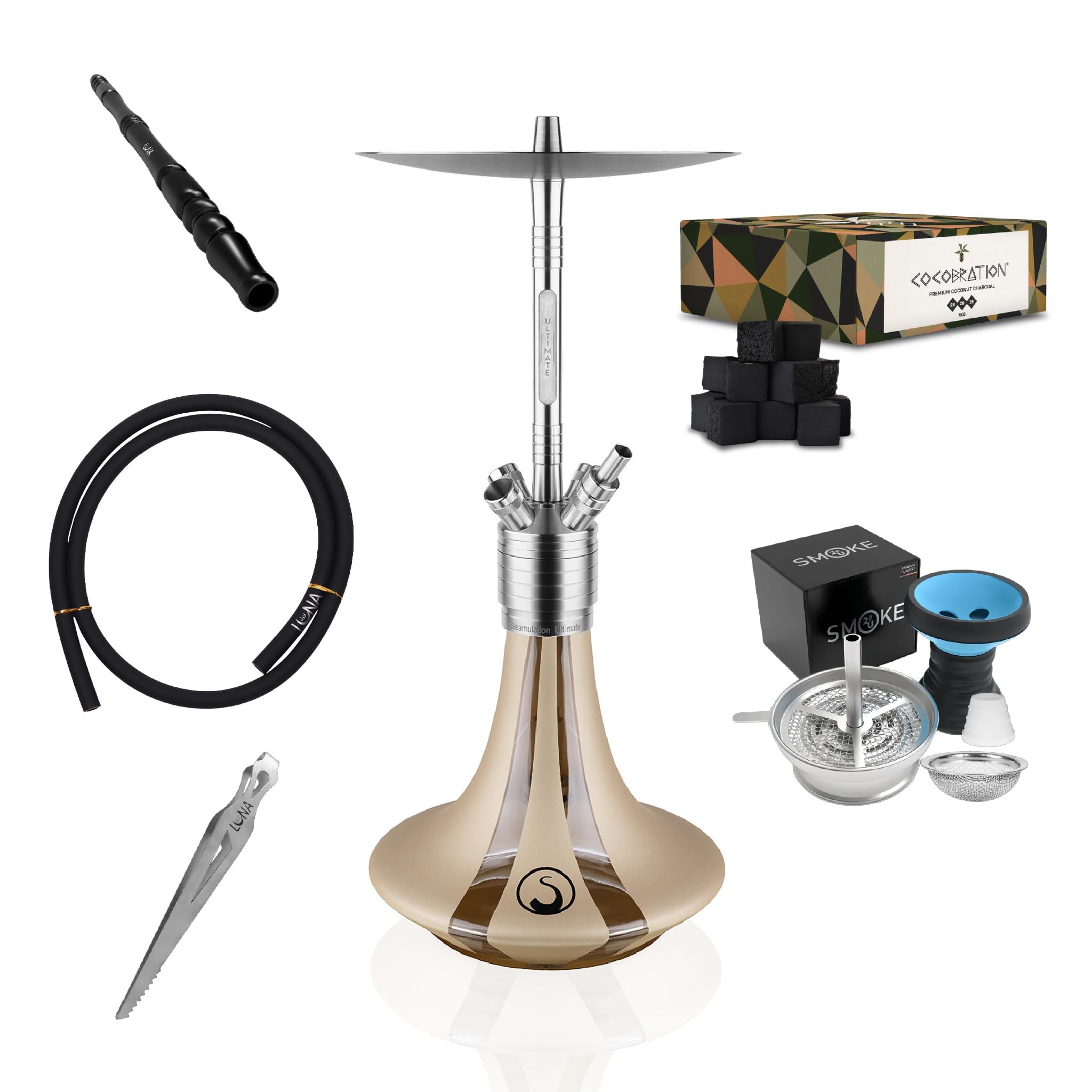 Steamulation Cachimba Ultimate Gold Metallic Gen.I | Shisha de Acero Inoxidable con Manguera de Silicona, Boquilla, Pinza, Cazoleta de Piedra HMD + 1 kg Carbón Cocobration 27 mm