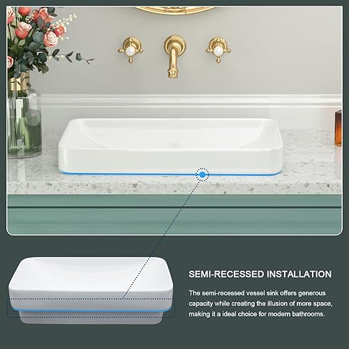 Miniatura 91 de Fregadero de baño de porcelana de cerámica rectangular de 24 x 14 pulgadas sobre mostrador, lavabo de arte blanco y negro Blanco