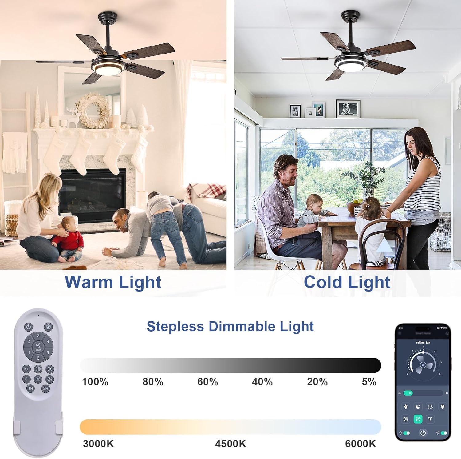 Depuley 42-Inch Ceiling Fan with Light: Walnut Ceiling Fans with 5 Blades Dual Finish Reversible - Farmhouse Ceiling Fan with Remote Control for Living Room Outdoor Patios