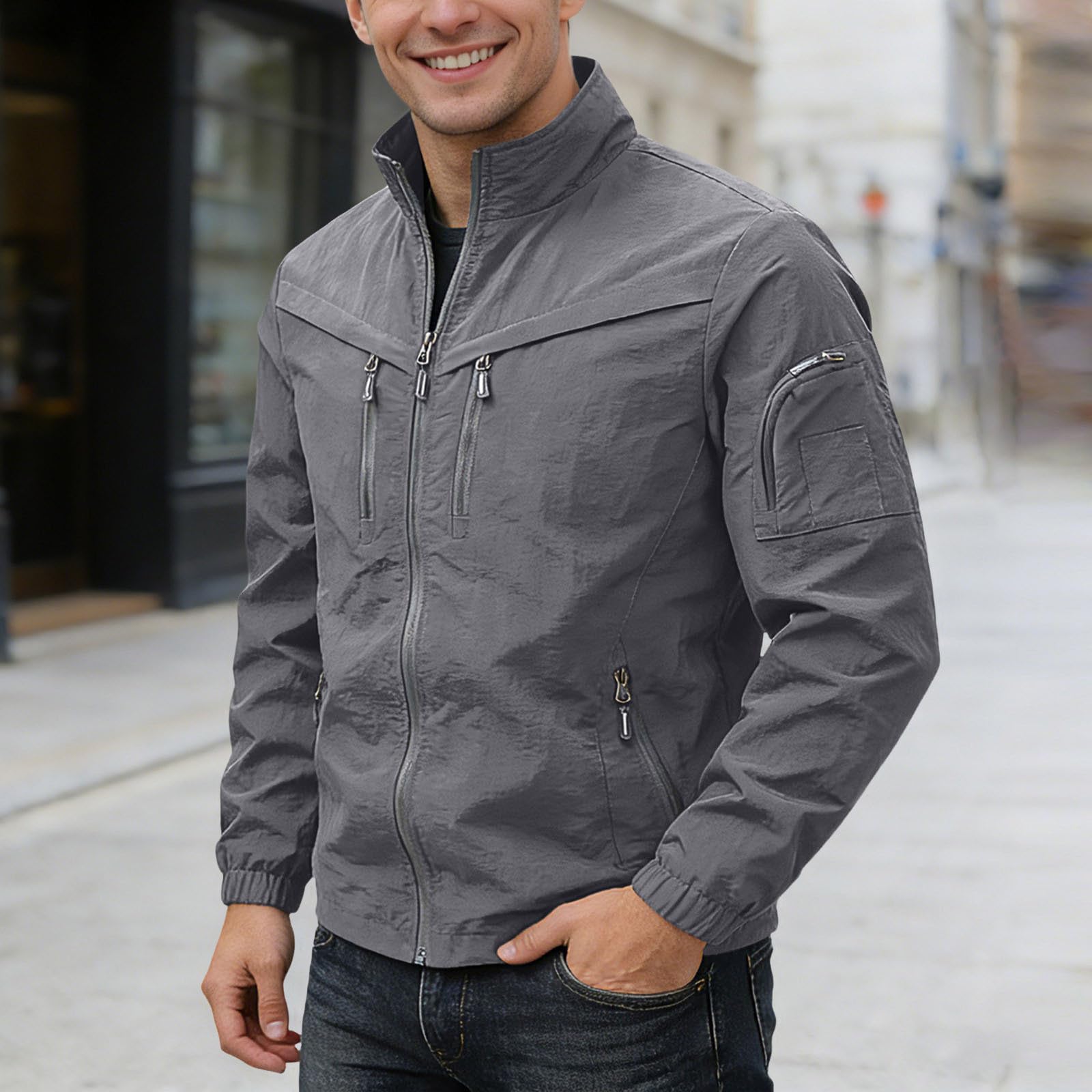 Generisch Giacca funzionale da uomo, con chiusura lampo, giacca da trekking, traspirante, leggera, softshell con colletto alto, con molte tasche, tinta unita, da lavoro