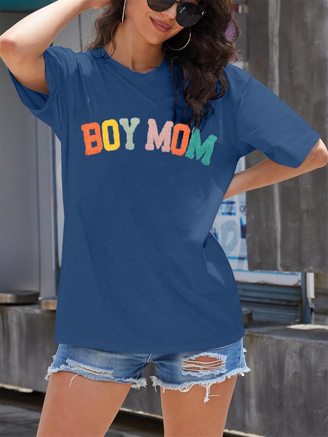 Oversized Mama Tshirt Women Boy Mom Shirt Mom Lift T-Shirt Gift for Mom Glitter Patch Shirt Causal Crew Neck Tops - Image 3