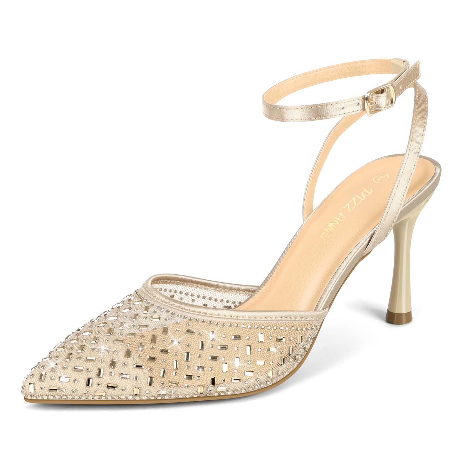 PIZZ ANNU Women's Cienna High Heels Sexy Stiletto Pumps Closed Toe Mesh Sparkly Rhinestones Ankle Strap Dress Wedding Party Pumps Shoes