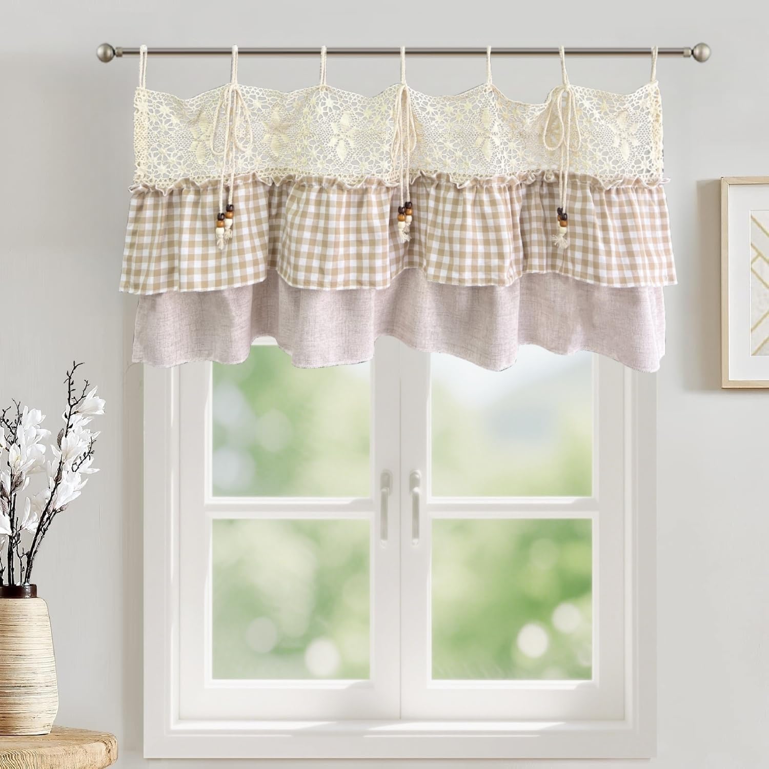 Gxi Tie Top Gingham Kitchen Curtain Check Ruffle Valance Rod Pocket Classic Vintage Beige Farmhouse Short Curtain Linen Valances for Small Windows, 1