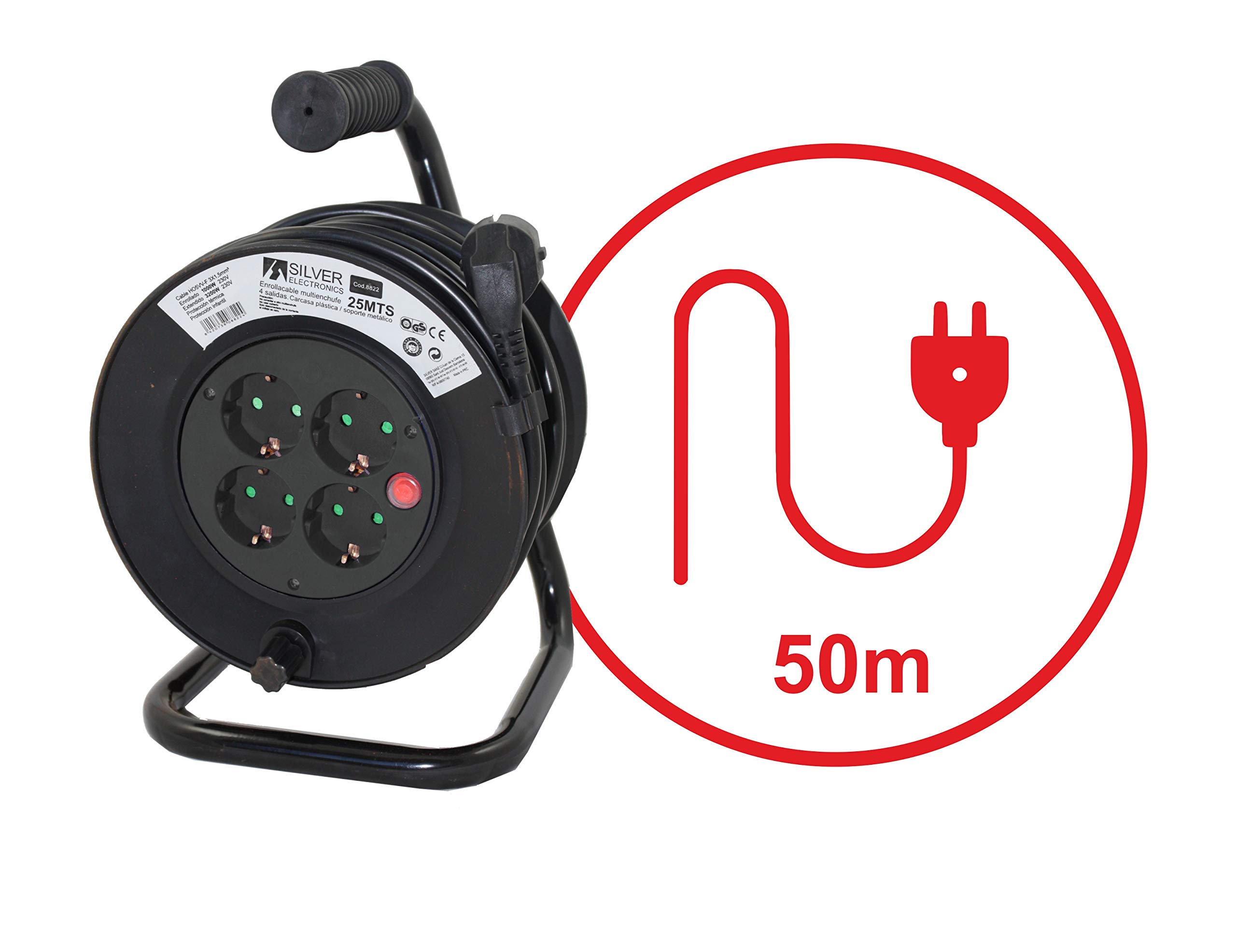 Silver Electronics - Enrouleur multiprise 4 prises. Câble de 50 m. IP20. Puissance : 3 000 W
