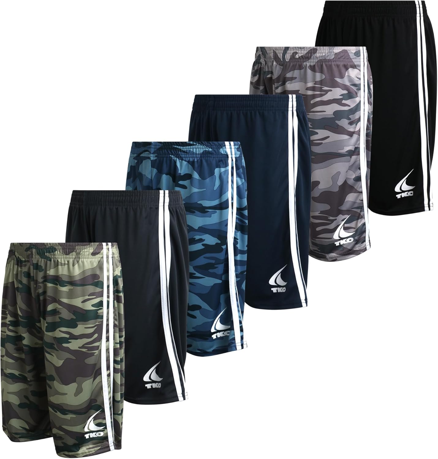 TKO Boys Athletic Shorts - 6 Pack Active Performance Quick Dry Mesh Basketball Shorts for Boys with Elastic Waistband