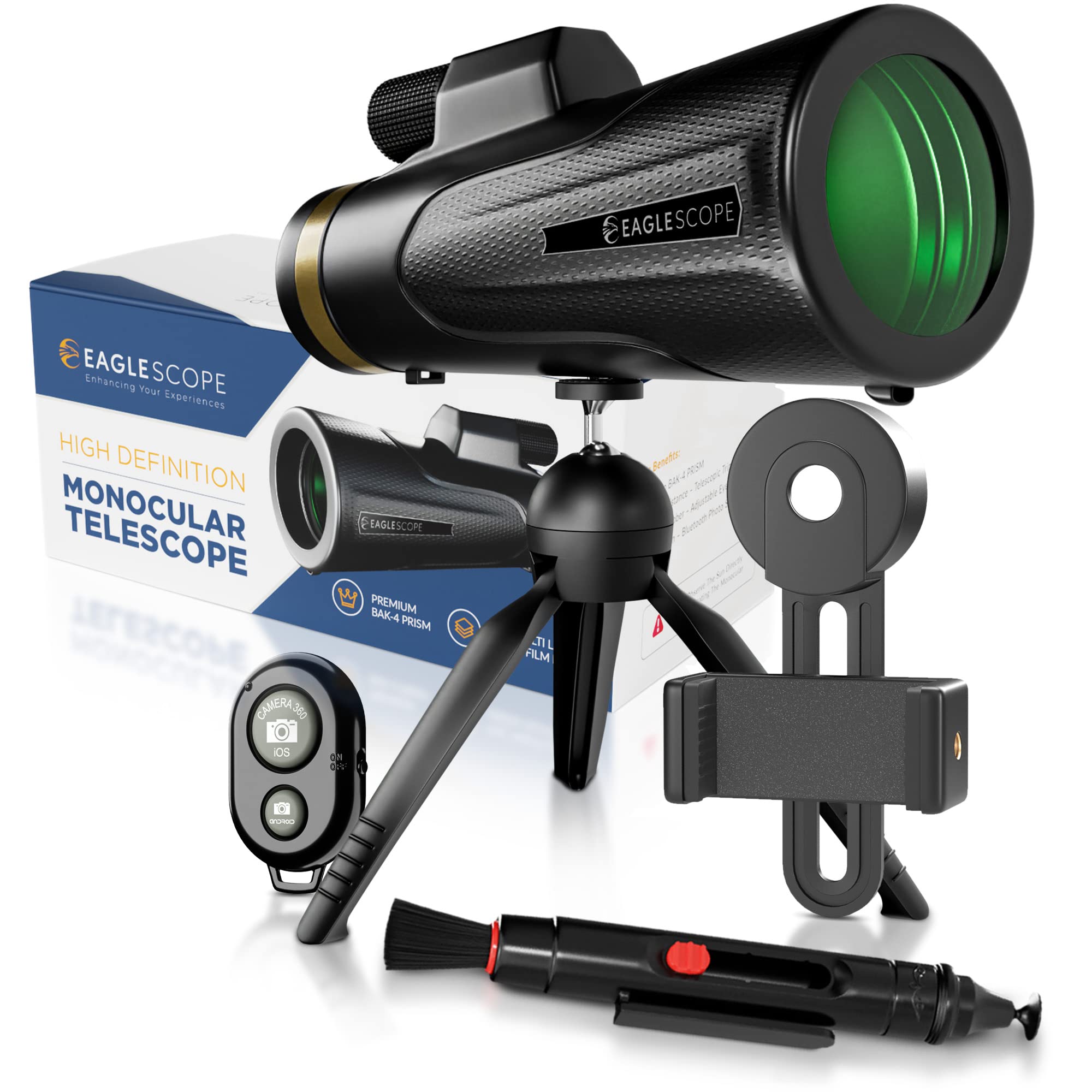 EagleScope™ Monocular Telescope for Adults – 12x50 High Definition BAK-4 Prism Monoscope for Bird Watching, Sports, Concerts Includes Telescoping Tripod, Phone Bracket, Lanyard, Lens Cloth and Brush