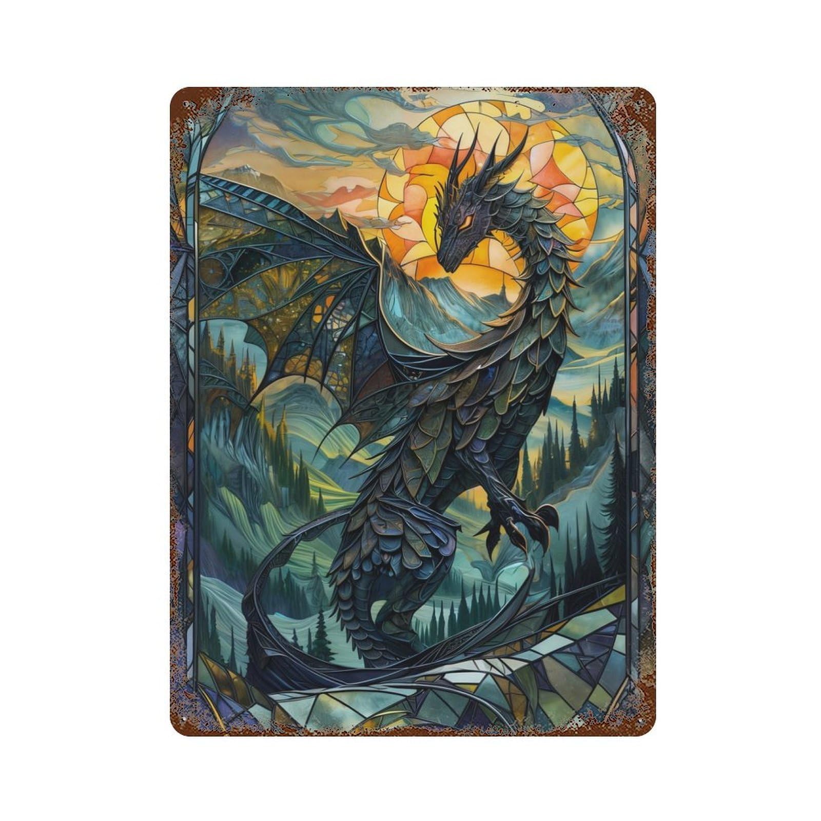 Stained Glass Dragon Tail 15.7"x11.8" Aged Metal Wall Plaque, Novelty Wall Decor for Garage, Bar And Workshop Decor