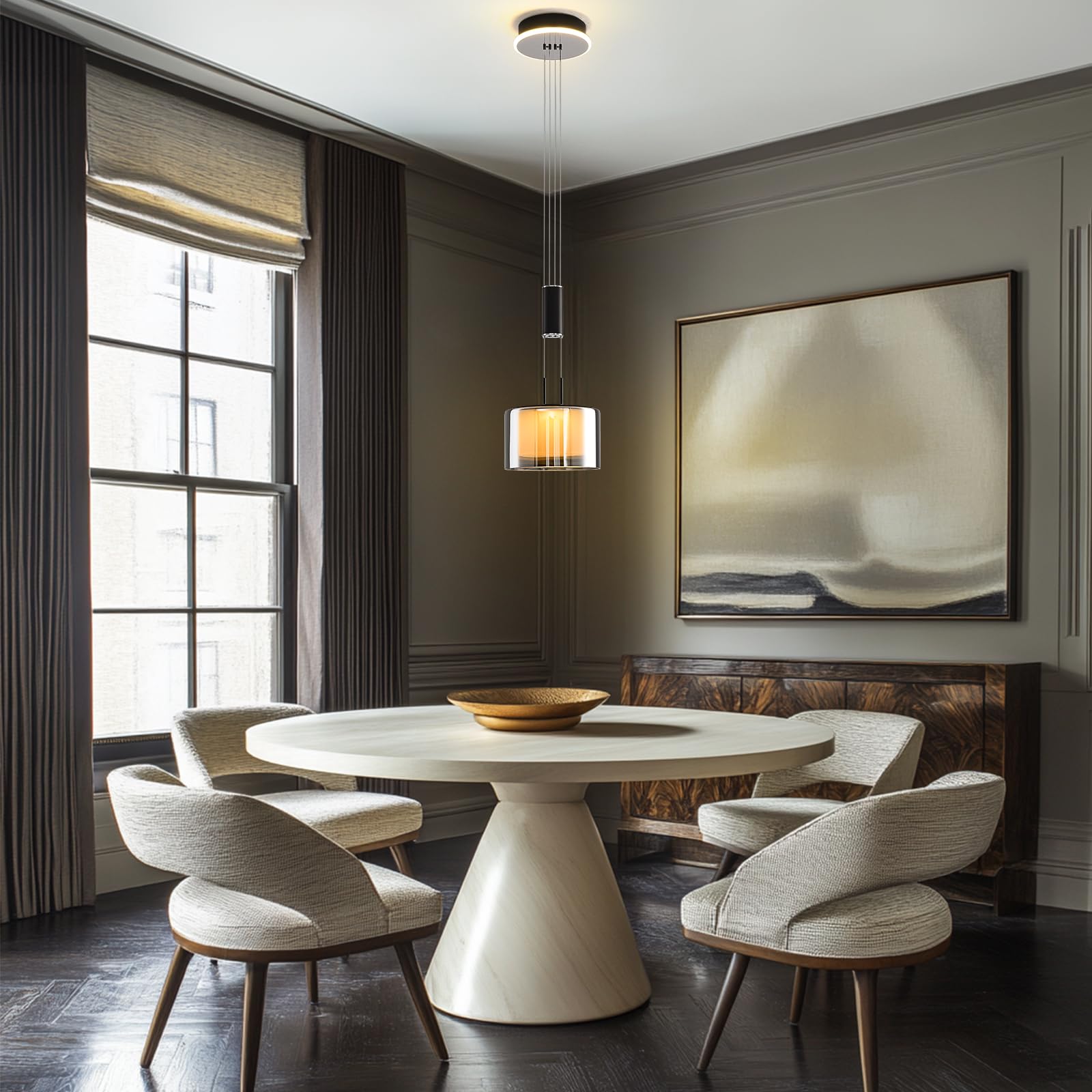 Modern Pendelleuchte Glas, Dimmbare Hängeleuchte Esstisch, Led Esszimmerlampe Höhenverstellbar, Hängelampe Wohnzimmer, Küchenlampe Hängend mit Glas Lampenschirm und Fernbedienung
