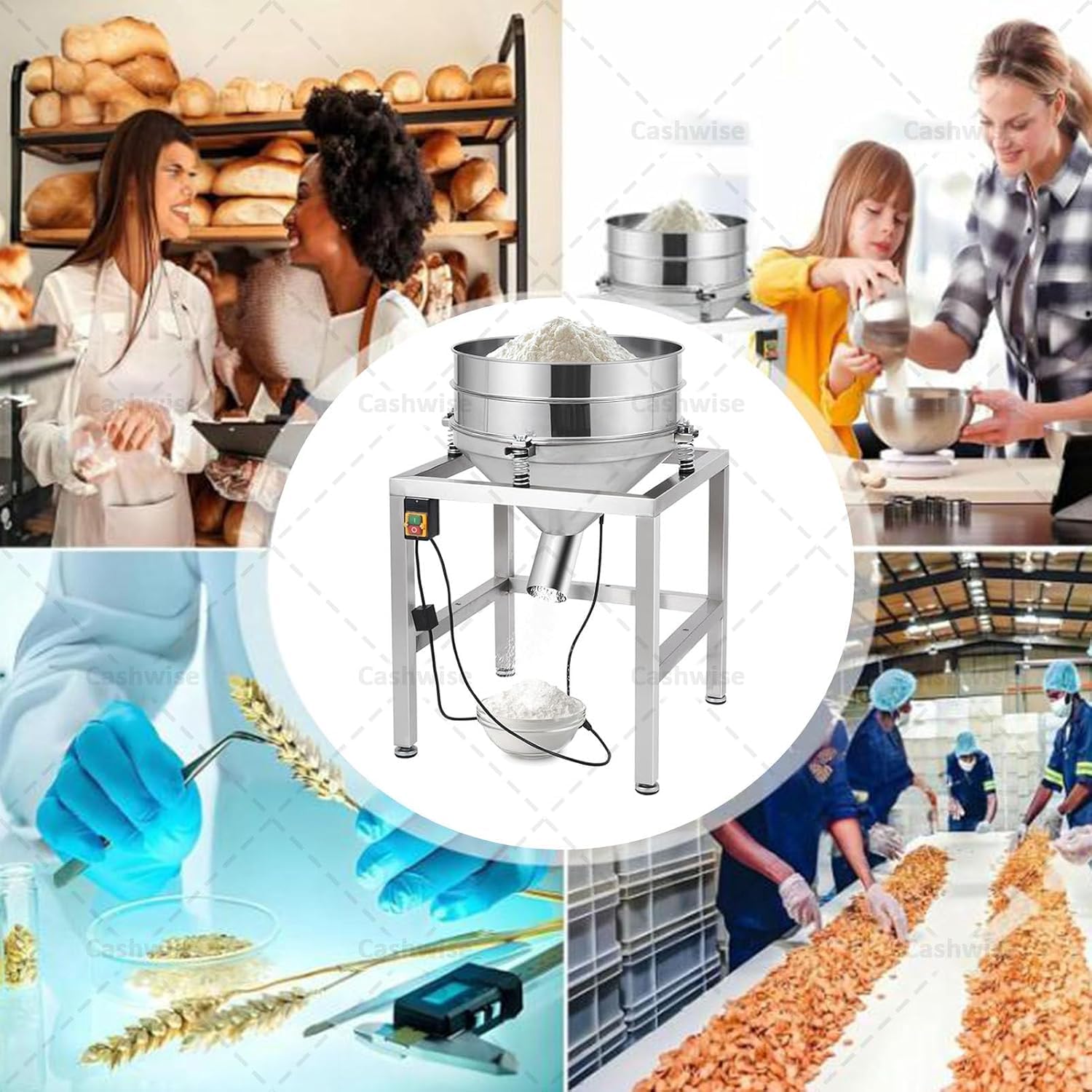 Tamizador Vibratorio Automático, Máquina de Cribado Eléctrica en Acero Inoxidable con Tamiz de 500mm, Control de Un Botón para Polvos y Granos, Gran Capacidad para Panadería y Uso Industrial