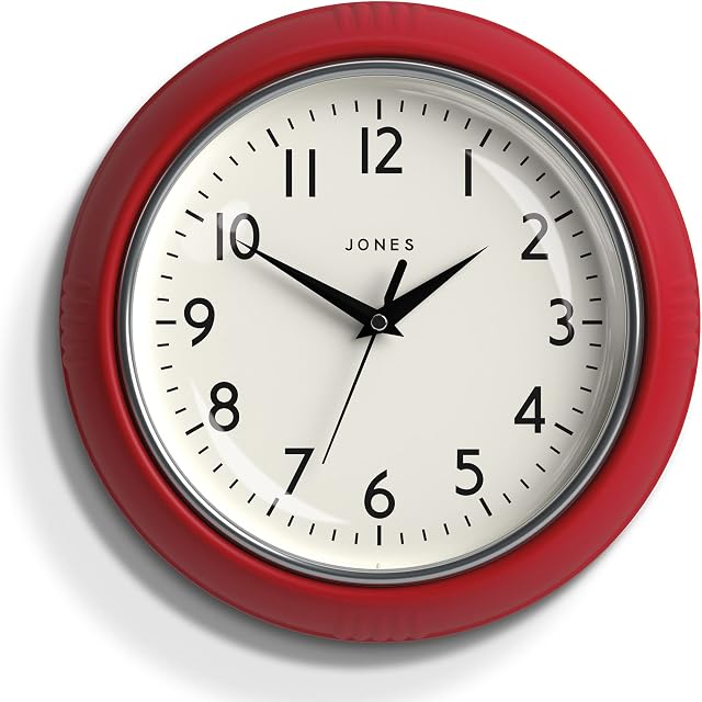 Jones Clocks® Round Retro Wall Clock  The Ketchup Round Clock  Easy to Read Numbers, perfect as a kitchen clock, office clock, living room clock. Retro clock 25cm (Fire Engine Red)