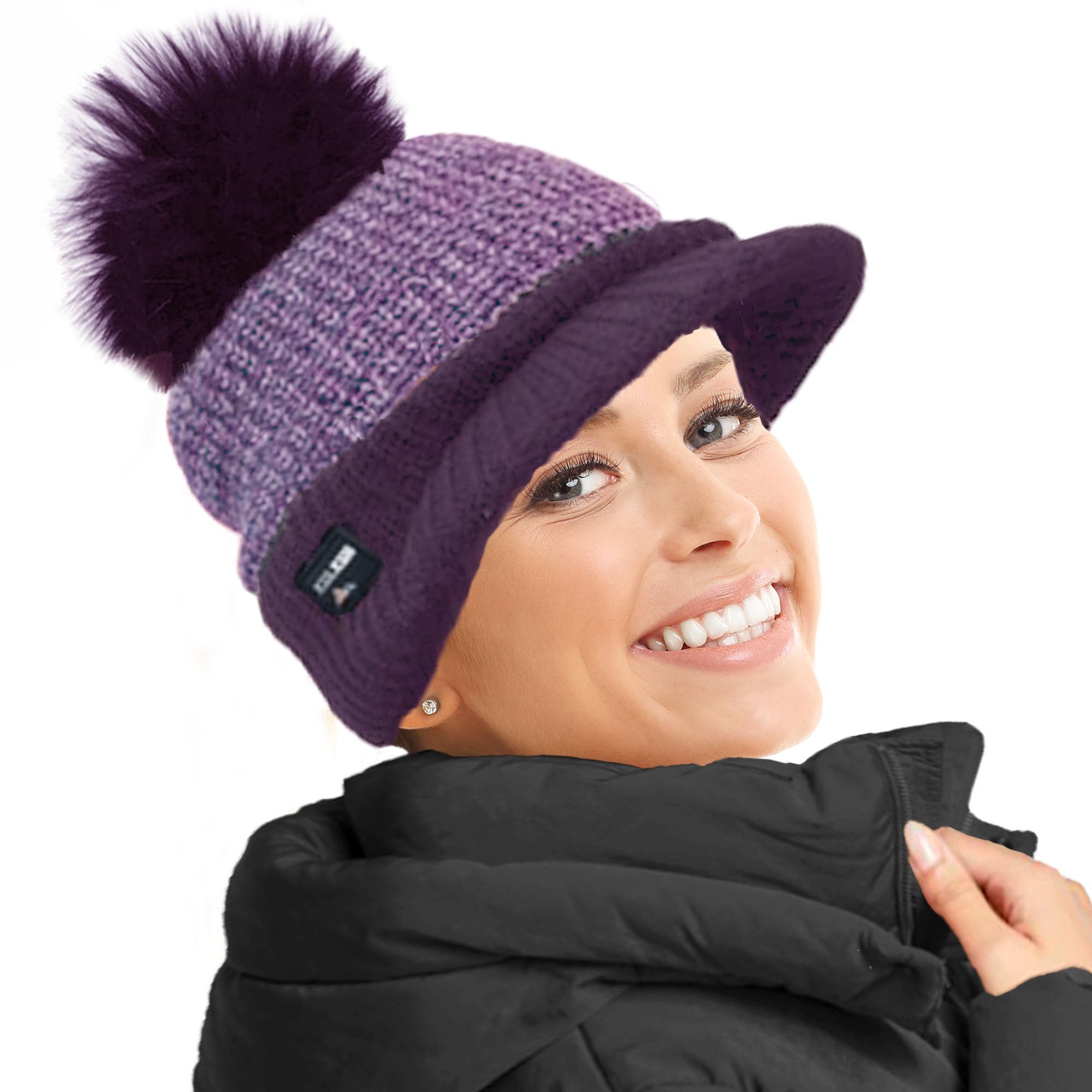 Rockjock Women's Purple Warm Fleece Lined Knitted Peaked Beanie Baseball Cap With Detachable Faux Fur Pompom- Wear With Or Without