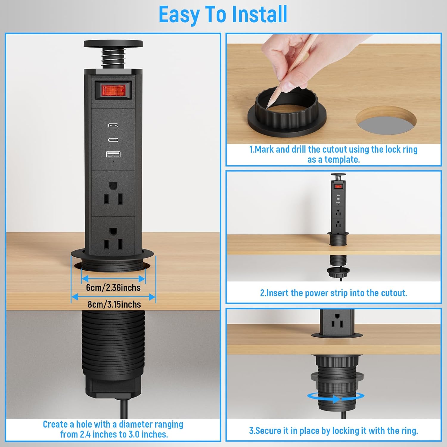 Pop Up Outlet with 2 USB C and USB A Fast Charging Port, 3 AC Outlets - Power Strip with Switch Control - Countertop Outlet Flush Mount 2.5 inch Hole (Pure Black)