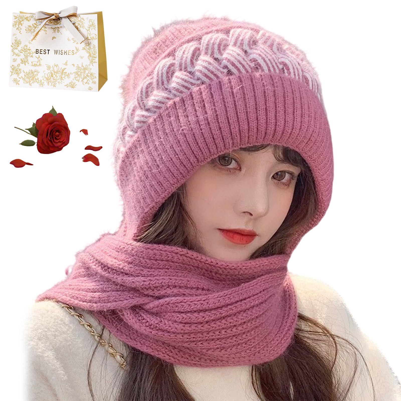Winter Versatile Knitted Hooded Scarf For Women, Hooded Scarf Women, 2 In 1 Integrated Ear Protection Windproof Hats And Scarves, All In One Hat And Scarfs, Double The Warmth (1PC-K)