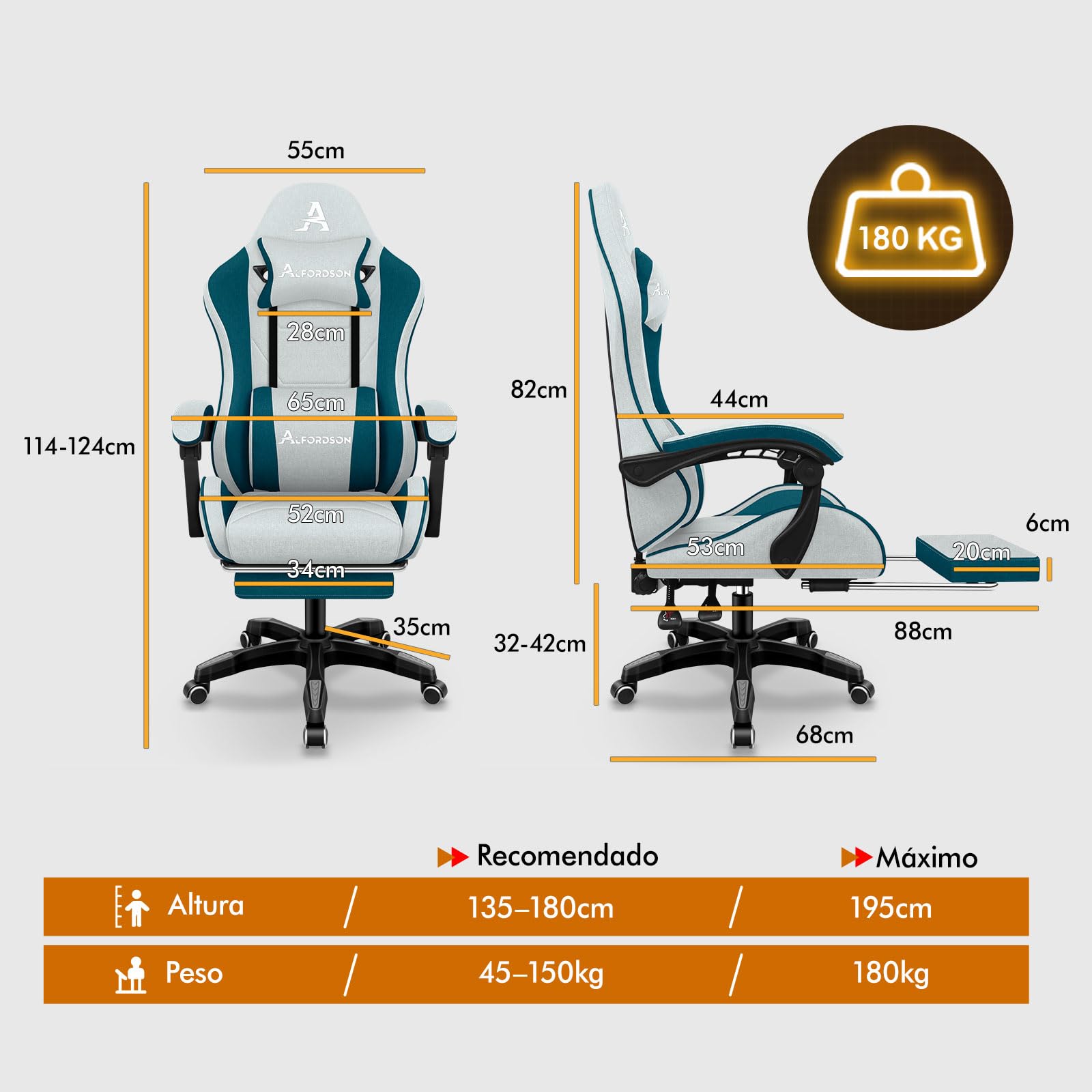 ALFORDSON Silla Gaming Ergonómica con Masaje, Silla Gamer de Oficina con Lumbar Massaggiante, Reposapiés Retráctil,Altura Ajustable,Reclinable 150°,Asiento Cómodo,Soporta 180 kg, Lino(Verde Petrolio)