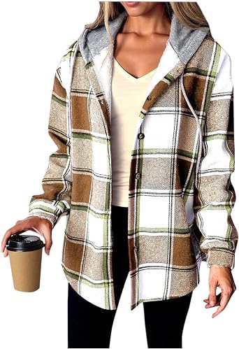 Flannel Jacket For Women Trendy - Fleece Lined Button Down Plaid Shacket Long Sleeve Hooded Jackets Fall Winter Coat