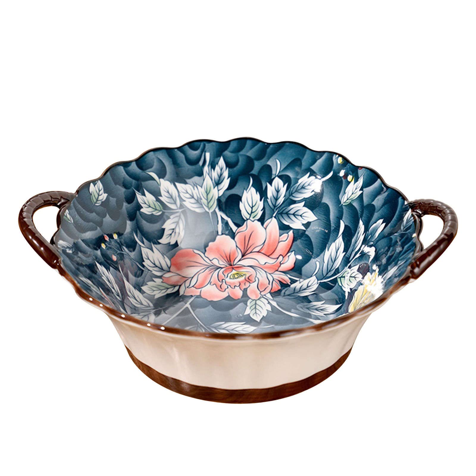 Tbkoly Soup Bowls with Handles Noodle Ramen Curry Bowl,Ceramic Soup Bowl,Ramen Bowl Ceramic,Pho Bowls Large,Microwave Safe,Udon Noodle Bowl-Blue and flowers-25x22x8.5,1200ml