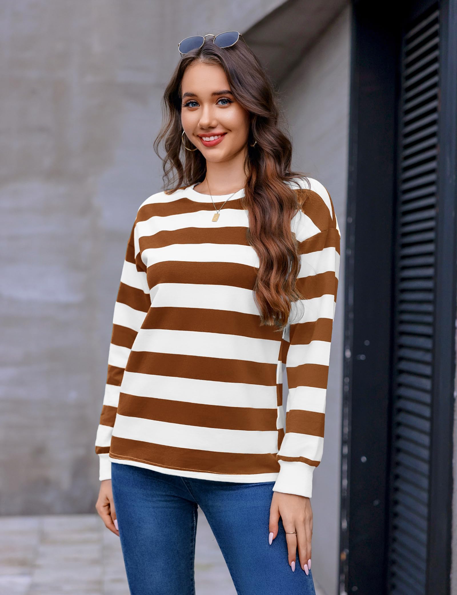Aottori Felpa Donna Girocollo Senza Cappuccio Maglia a Righe Manica Lunga Maglietta Oversize Sport Maglione Larga Elegante Tops Casual Autunno