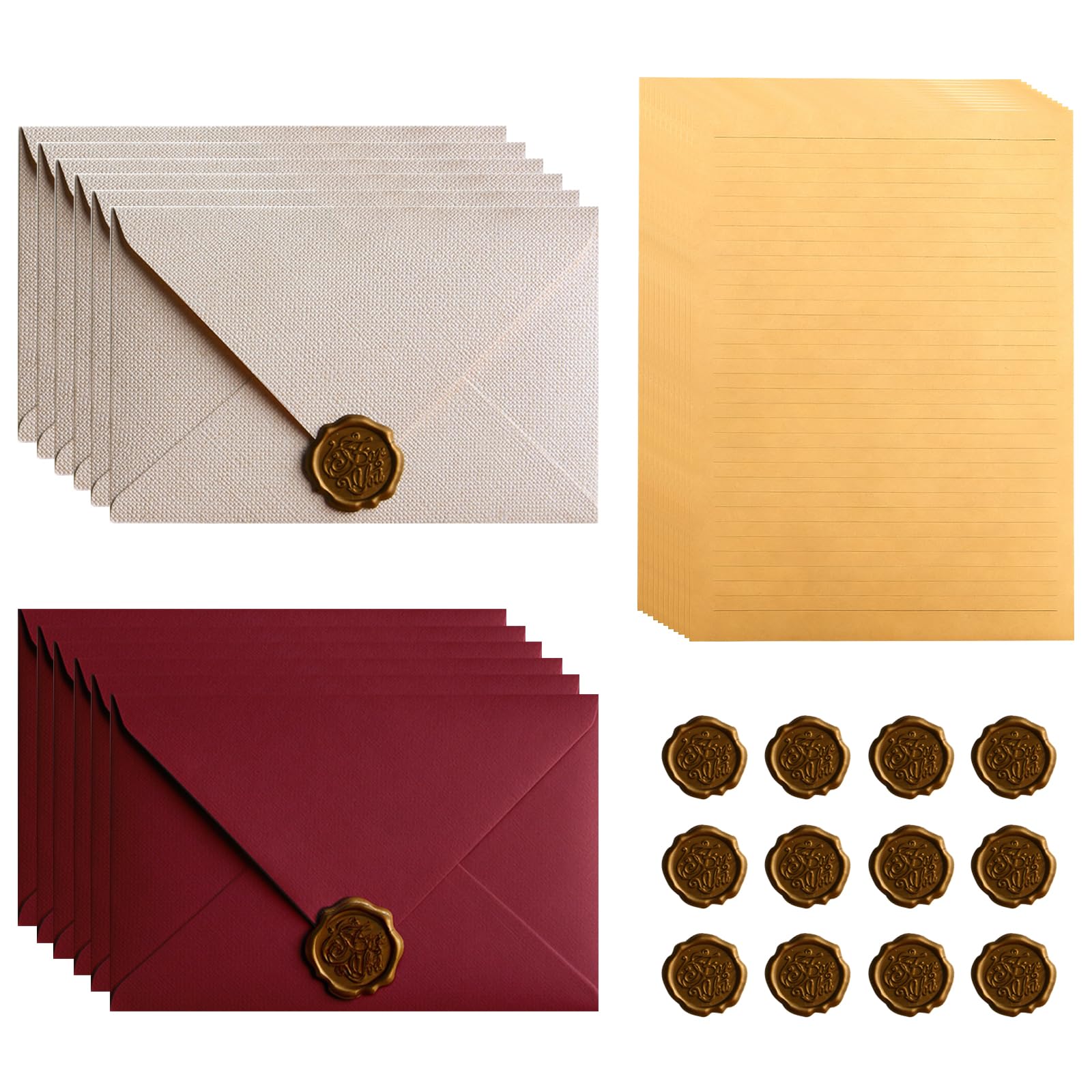 64 PCS Writing Paper and Envelopes Sets, Love Letter Writing Set with 12 Gift Envelopes 12 Seal Stickers and 40 A5 Vintage Paper for Birthday Wedding Invitation