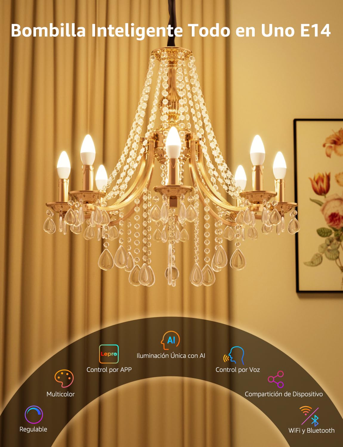 Lepro BC1 AI Bombilla LED E14, Bombilla Inteligente Alexa 4.9W 2Pcs | RGB Regulable, Wi-Fi Control de Voz & Sync de Música, Diseñador de Iluminación AI Personalizado Funciona con Google Home