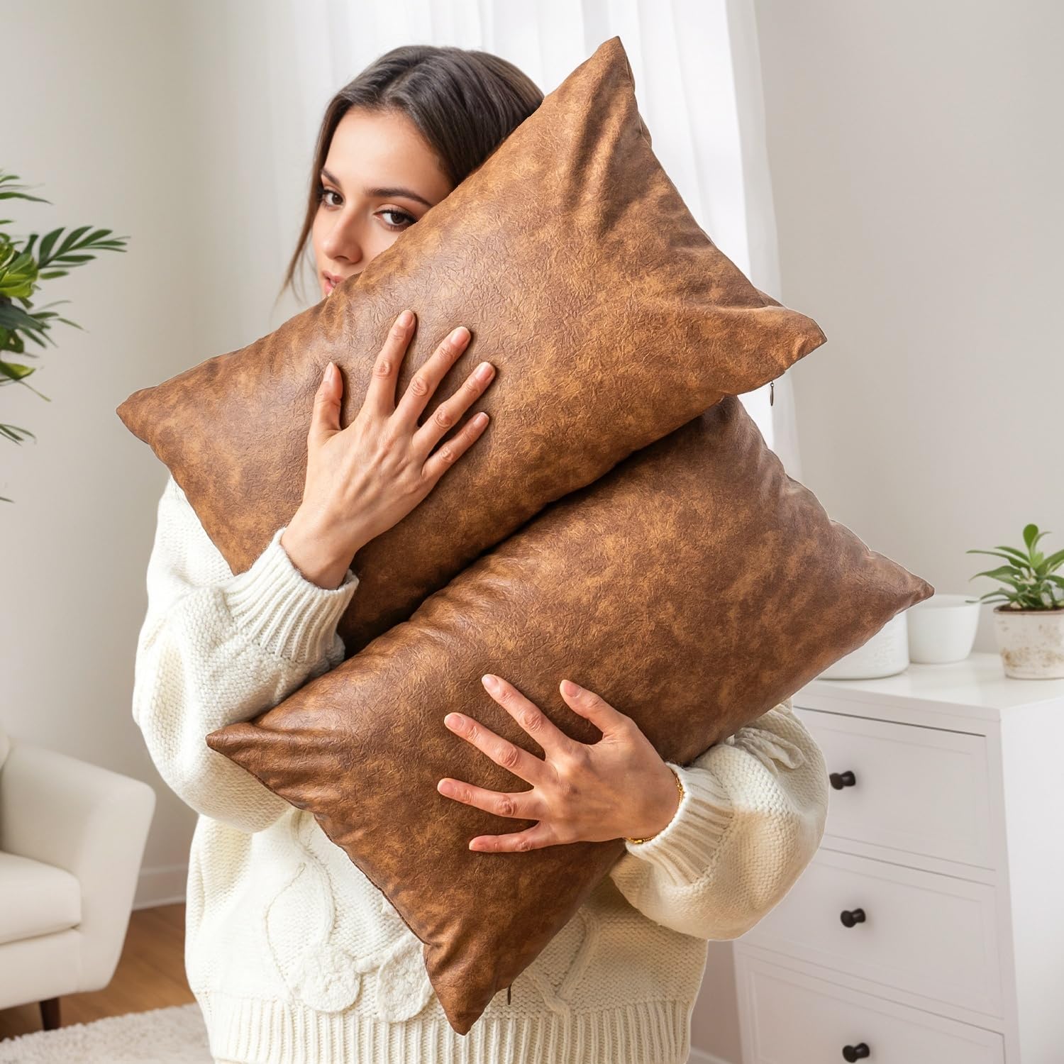GEGELICA Cognac Pillow Covers 12x20 Inch Neutral Vintage Decorative, Pack of 2 Leather Lumbar Soft Rustic Cushion Covers for Home Decor Outdoor Waterproof Pet Hair Resistant Throw Pillow Covers