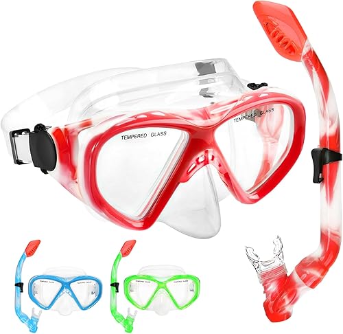 Kids Snorkel Set Dry Top Snorkeling Gear for Kids Youth Boys Girls Junior Age 5-15,Tempered Glass Swimming Diving Mask and Snorkel Set 180 Degree