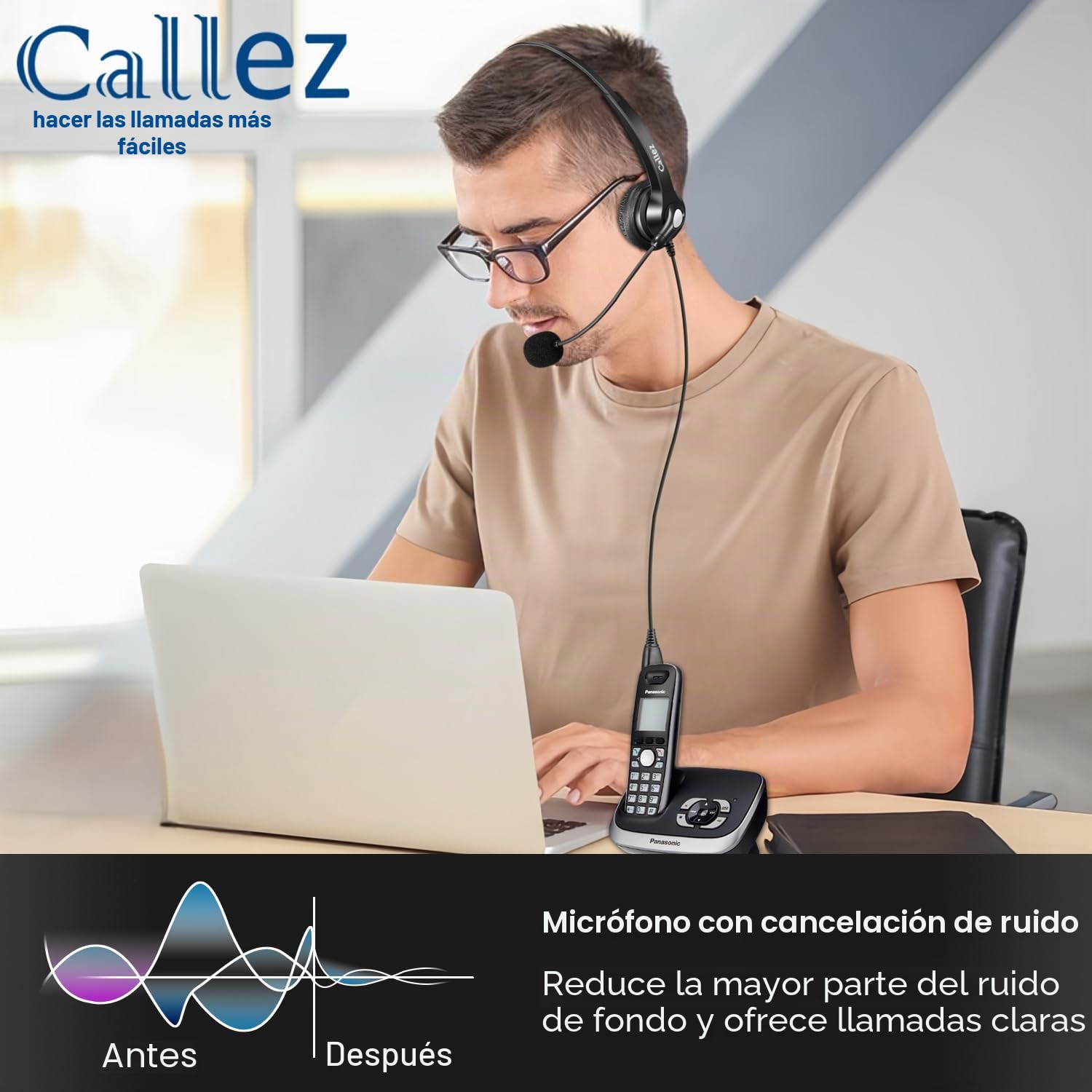 Callez Auriculares Teléfono Fijo Inalámbrico Mono, Micrófono con Cancelación de Ruido, Cascos 2,5 mm con Control de Volumen para Panasonic Siemens Gigaset C430 Polycom Cisco Teléfonos DECT