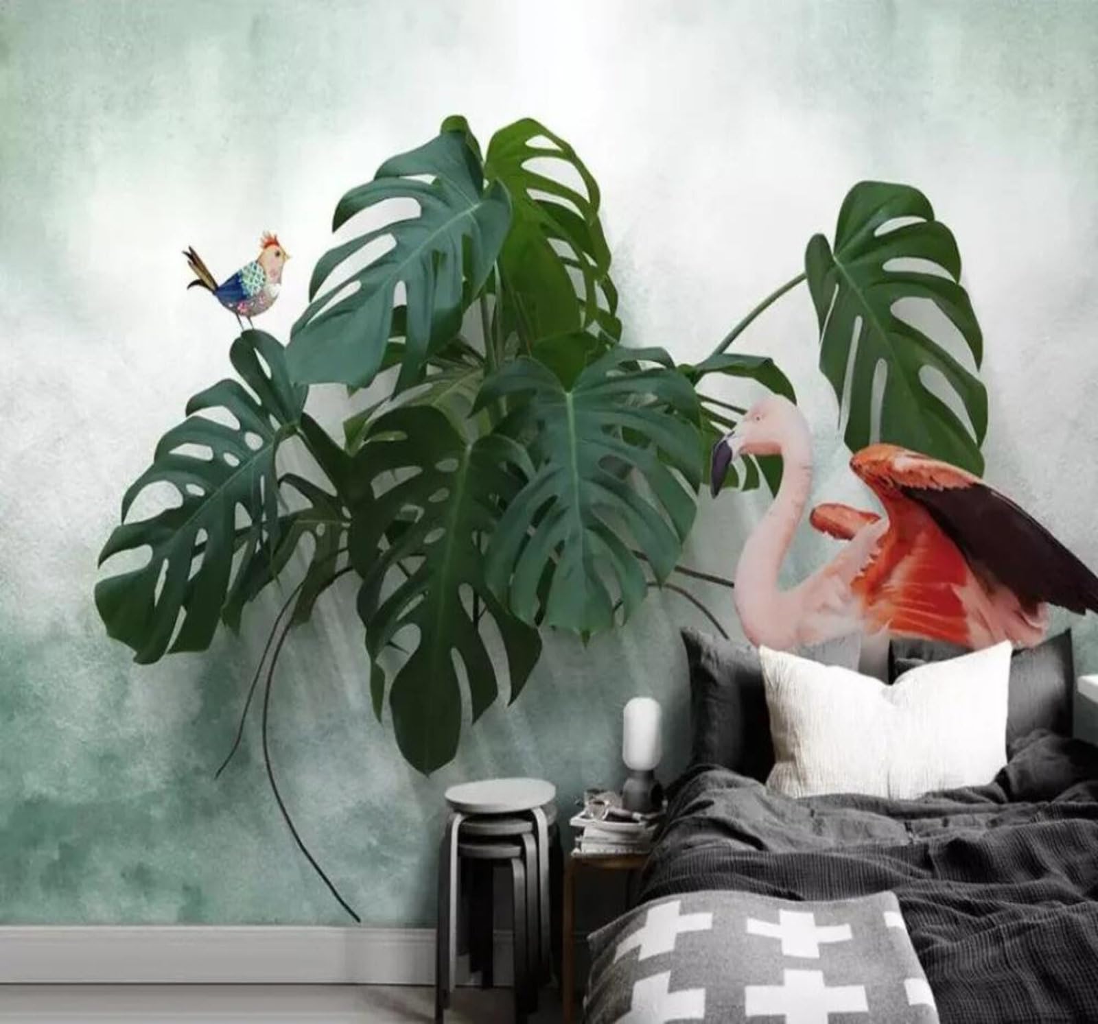 Tzxztt 400Cm×280Cm(B×H) Minimalist Fresh Beautiful Flamingo Leaves Modern 3D Wallpaper Premium Textured Silk Neutral Tones Material Ideal For Living Room Bedroom-400Cm×280Cm
