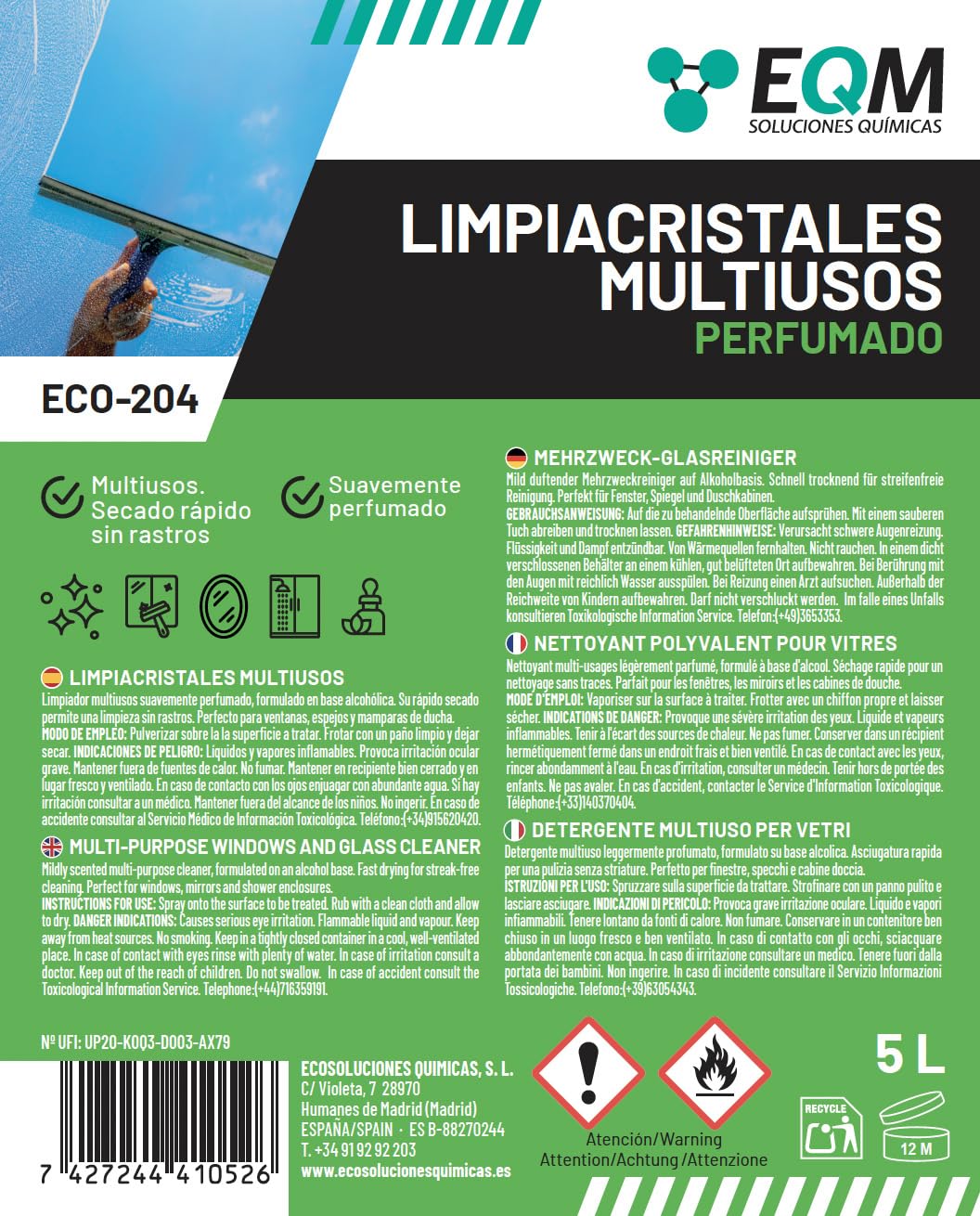EQM ECO-204 Limpiacristales Multiusos Profesional 5L
