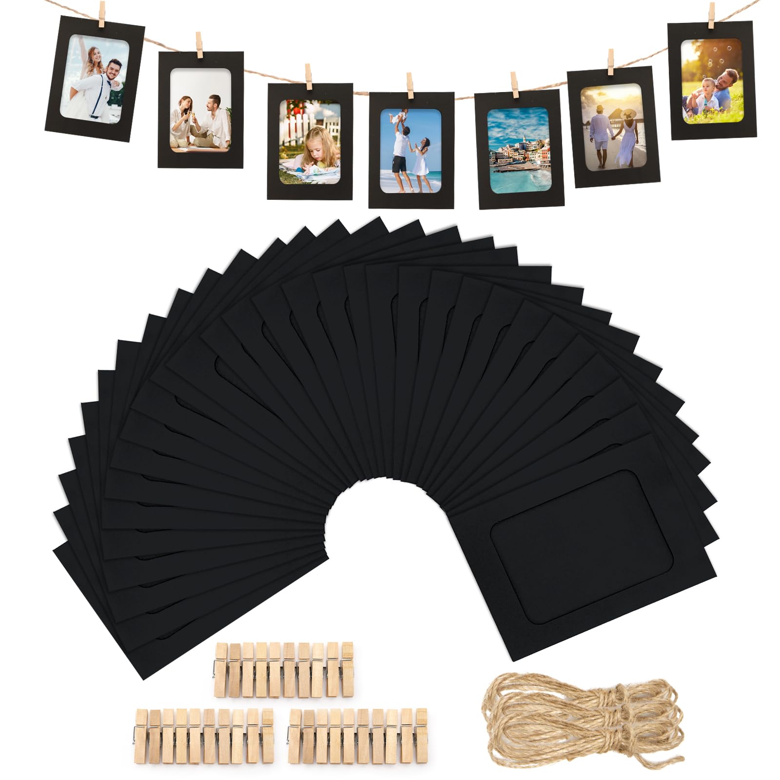 Anwyll Marcos de fotos de papel de 4 x 6 pulgadas, 30 marcos de fotos de papel negro, marcos de fotos de cartón con clip y cuerda, soportes para fotos, kit de exhibición para colgar fotos, decoración