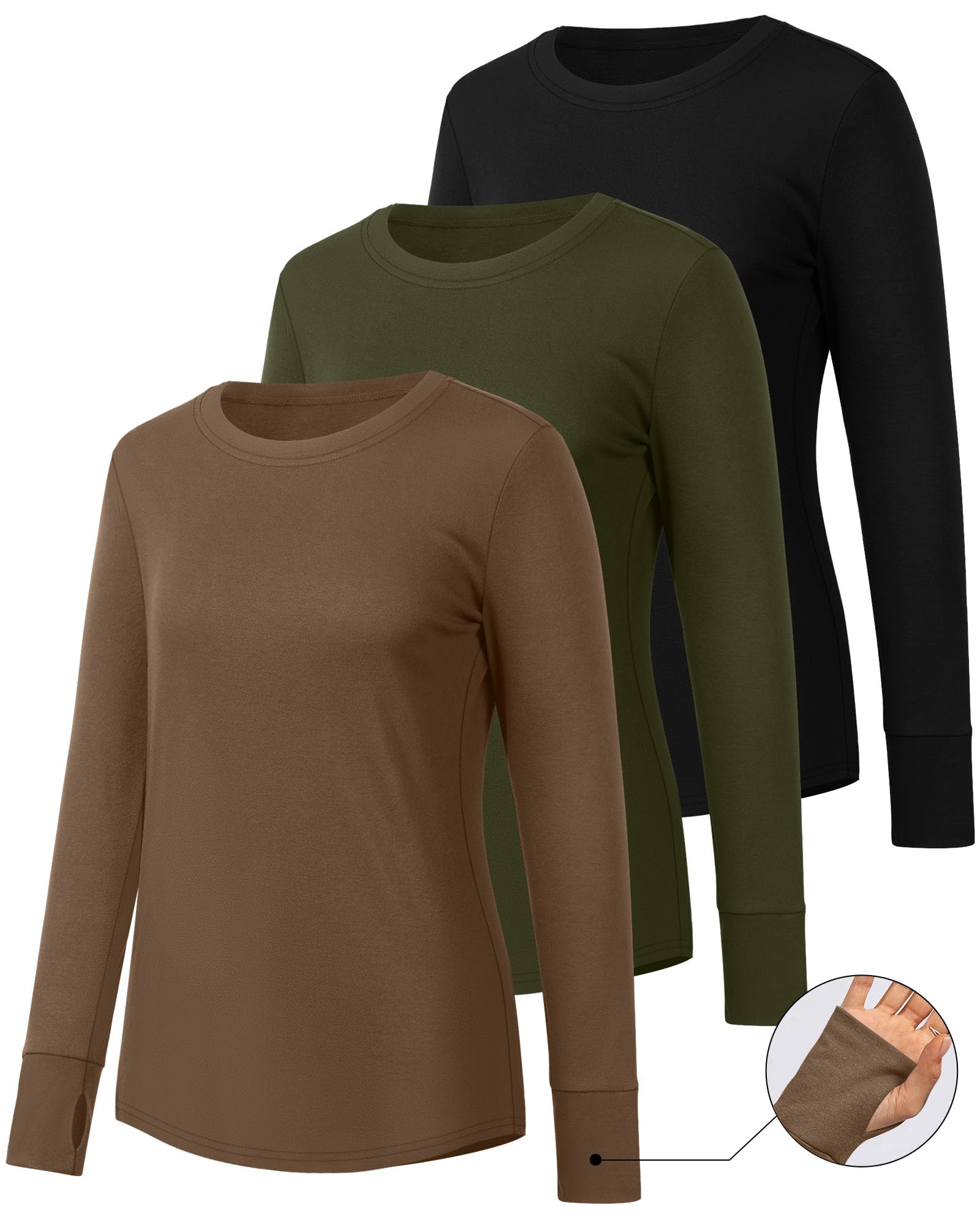 Geyoga Pack de 3 Camisetas de Manga Larga para Mujer con Agujeros para Pulgares, Túnicas Holgadas Informales de Algodón