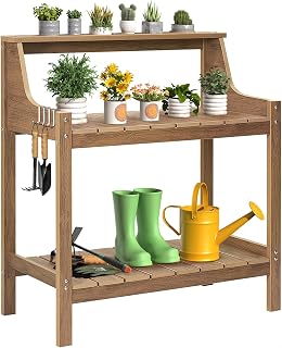 ONBRILL HDPS Potting Bench Table with 4 Hooks - All-Weather Outdoor Garden Workstation, 360lbs Capacity, No Rust/Fade/Break, Teak Large