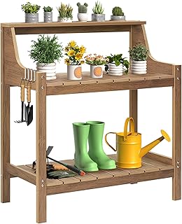 ONBRILL Potting Bench Table, HDPS Potting Bench with 4 Side Hooks, All-Weather Garden Table Work Station, Outdoor Potting Table for Porch, No Rust, No Fade, No Break, 360lbs Capacity (Teak, Large)