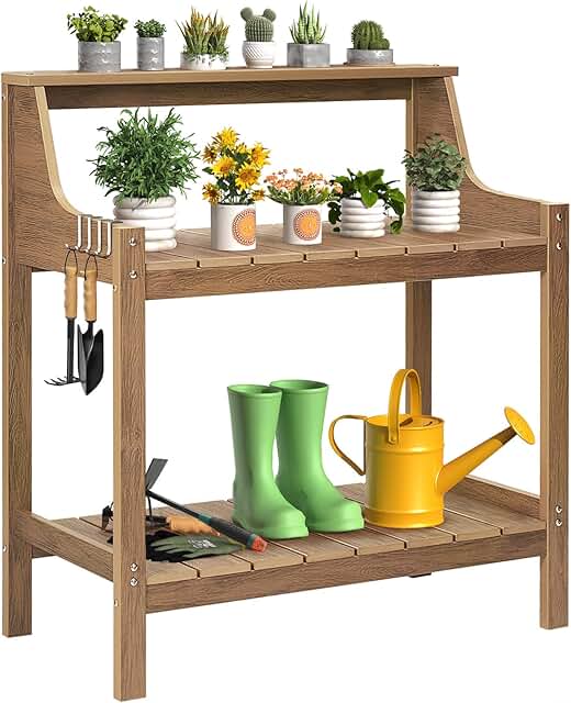 ONBRILL Potting Bench Table, HDPS Potting Bench with 4 Side Hooks, All-W...