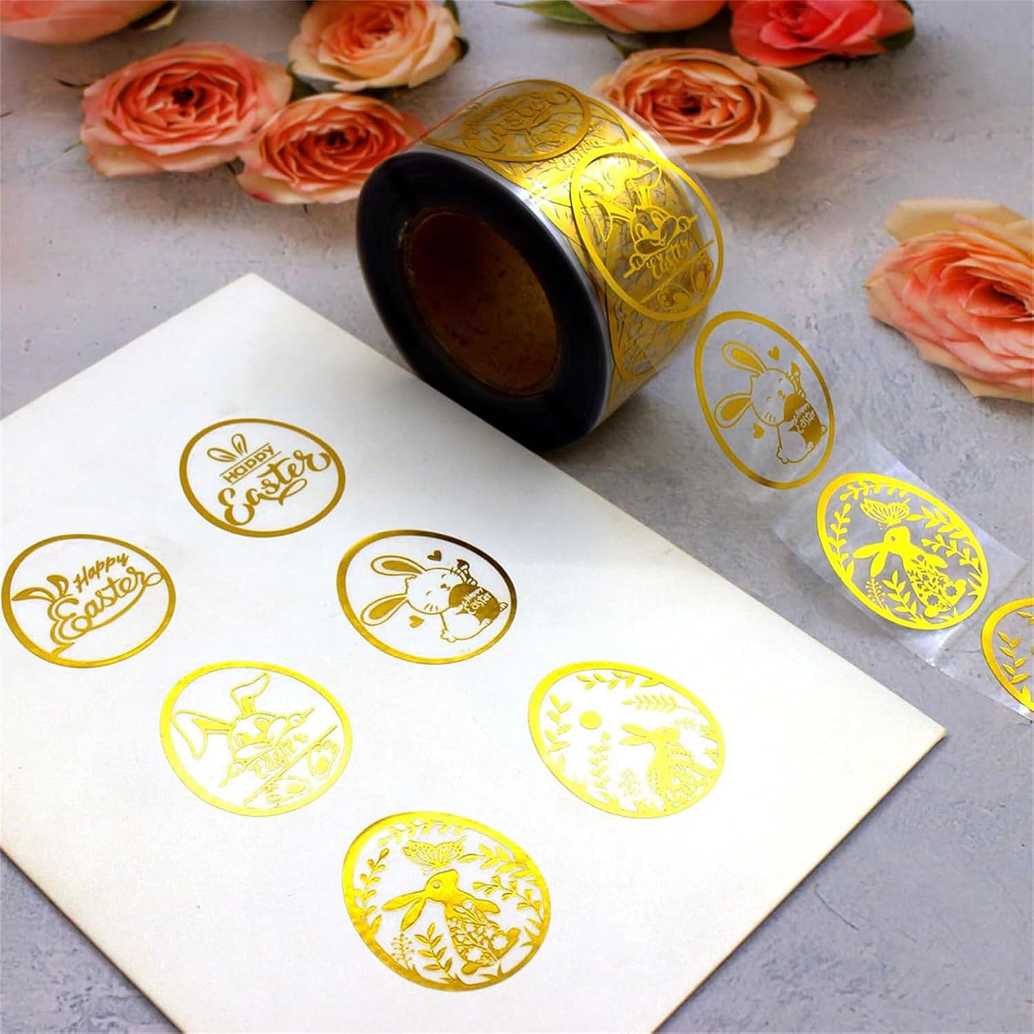 500 Pcs Easter Stickers Roll Fun Gold 1 Inch Cut Self-Adhesive Gift Round Seal Label Rabbit Stickers for Kids Teens Scrapbook Envelopes Water Bottles (Easter-A)