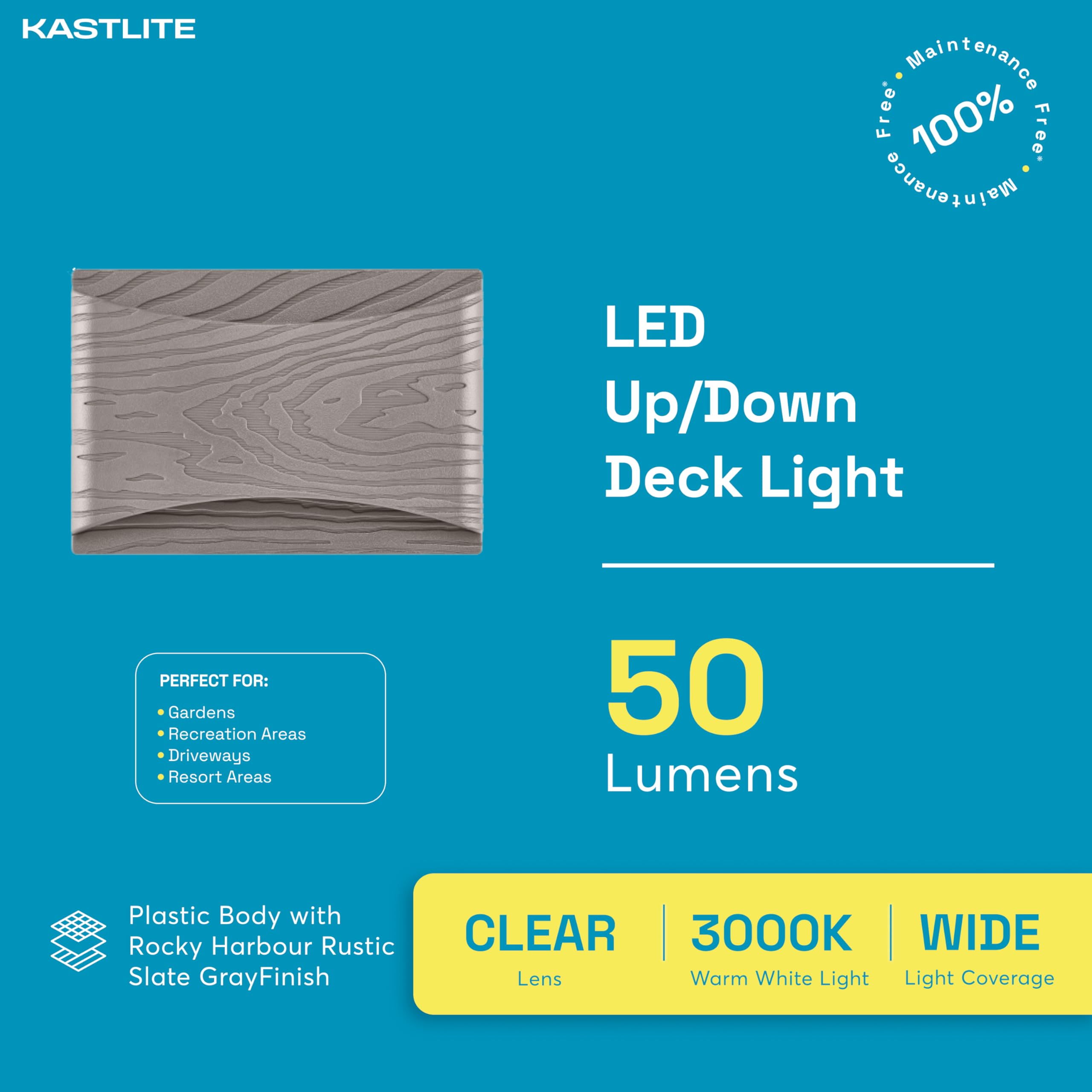KastLite 1.2W 50LM LED Deck/Step Light with Rocky Harbour Grey Finish for Pathways, Steps,Decks | 12V Soft White 3000K Integrated LED Outdoor Deck and Step Light | IP65 Waterproof | Single Unit