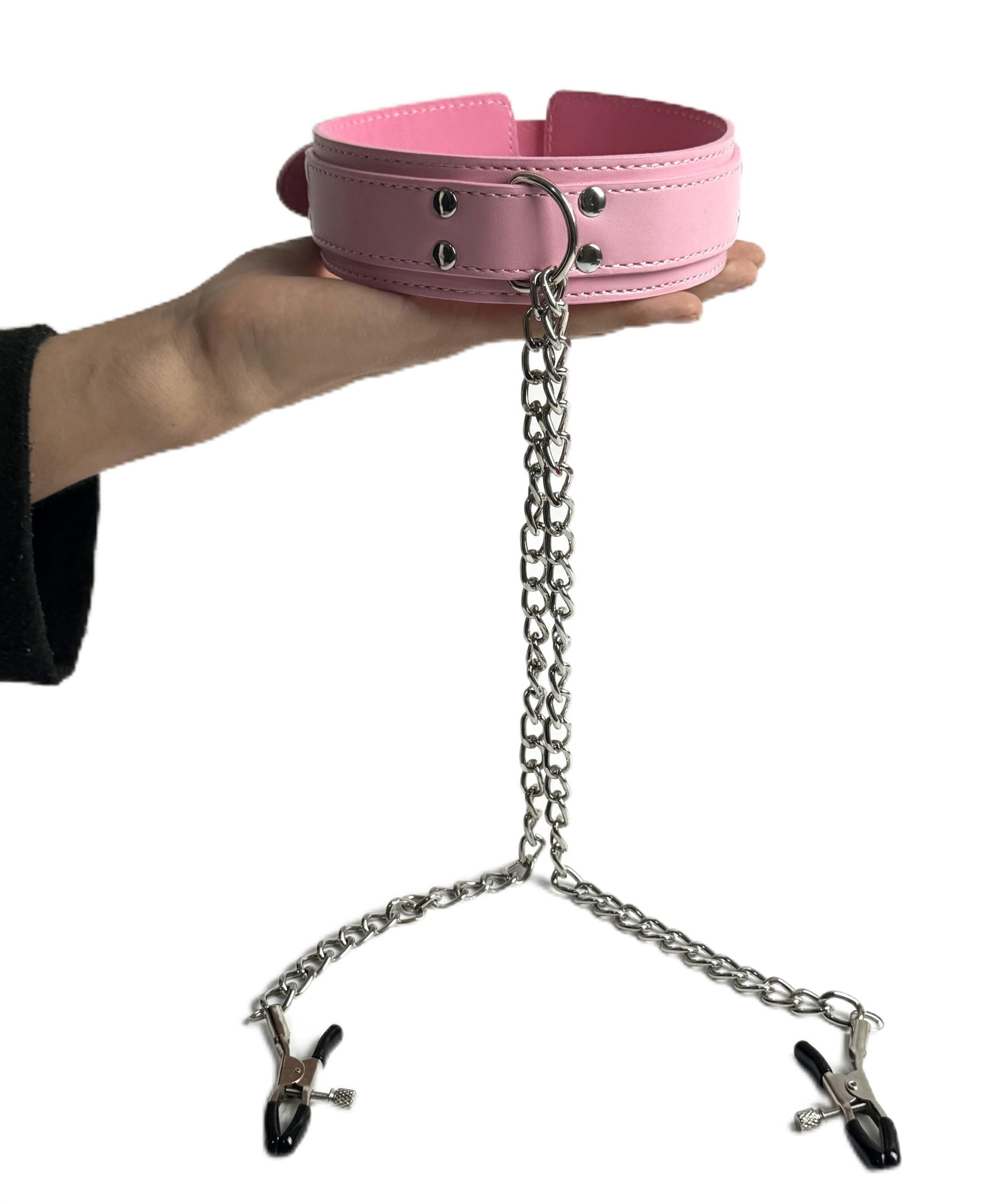 Adjustable Leather Collar Choker Necklace with Metal Nipple Clamps Non-piercing Nipple Jewelry with Chain Necklace for Couples, Breast Clip Toys for Flirting