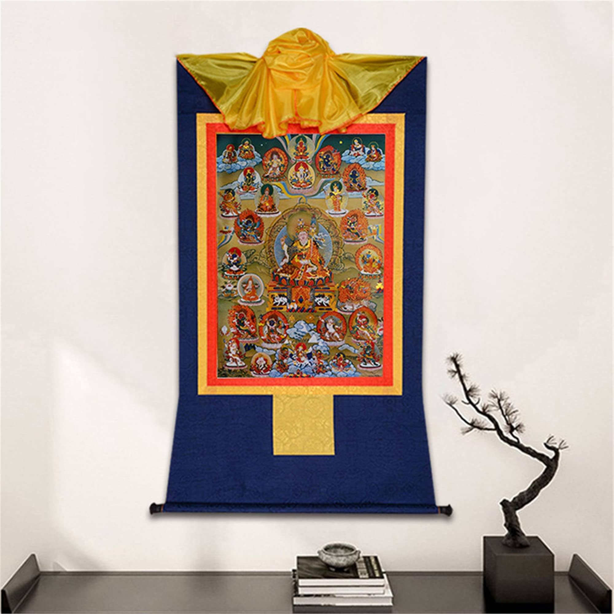 Gandhanra Thangka Tibetische Wandbehang,Guru Rinpoche und Nyingma schulten Dharmapalas Thangka,Heißgeprägter Buddha Wandteppich für Zen Wohnkultur, Meditation, Spirituelle Entspannung und Ruhe