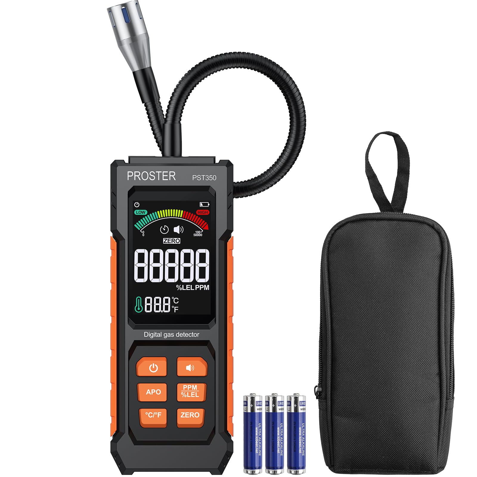 Proster Rilevatore Fughe Gas Portatile 50–50,000 PPM con Sonda a Collo d'Oca da 27 cm e Display a Colori, per Metano GPL Propano Butano Gas Naturale Allarme Sonoro Visivo per Casa Camper Cucina Camino