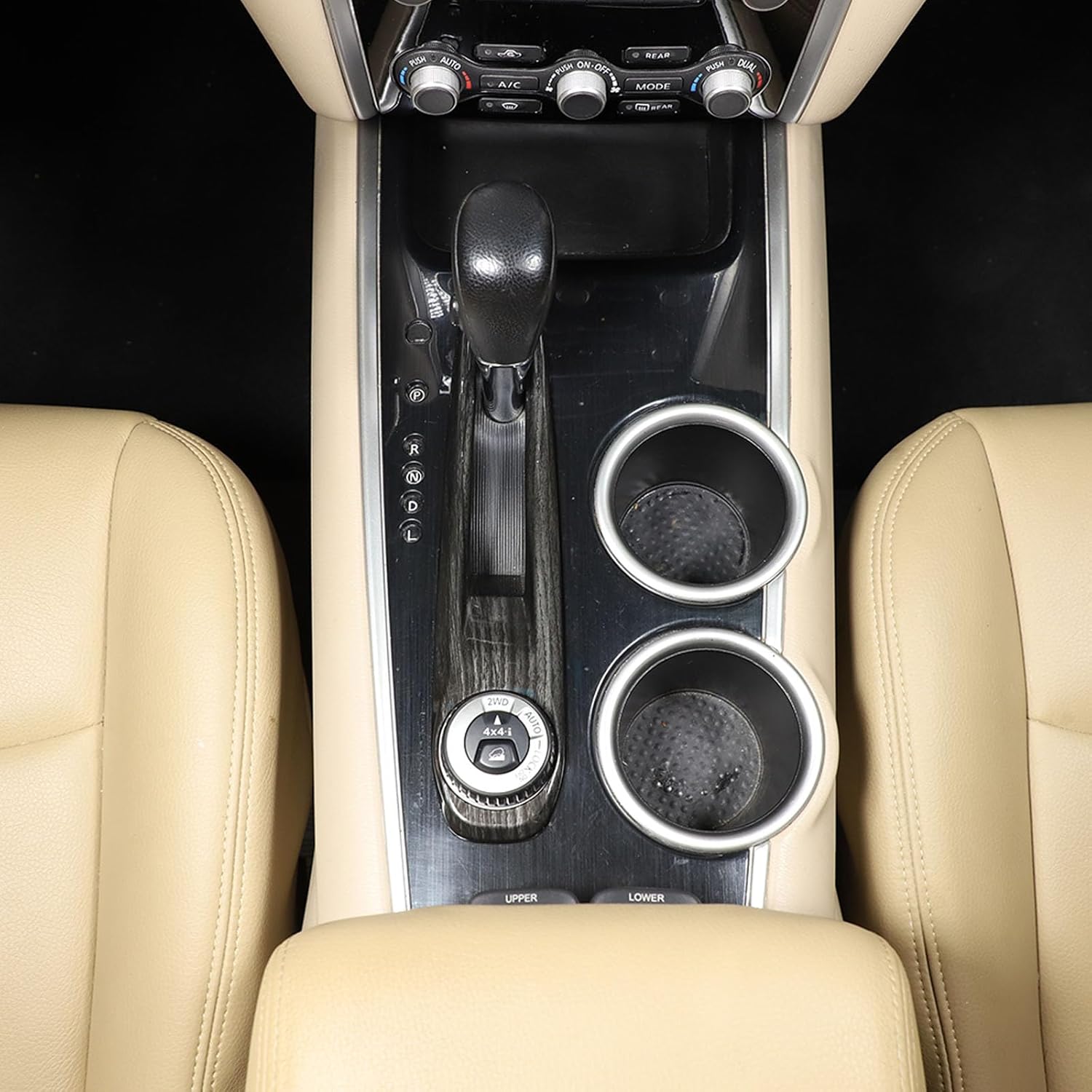 Car ABS Control Gears Shift Panel Protective Trim Frame Compatible with Nissan Pathfinder 2013 2014 2015 2016 2017 2018 (Without Seat Heating) Gears Shift Cup Holder Trim Frame (Black Wood Grain)
