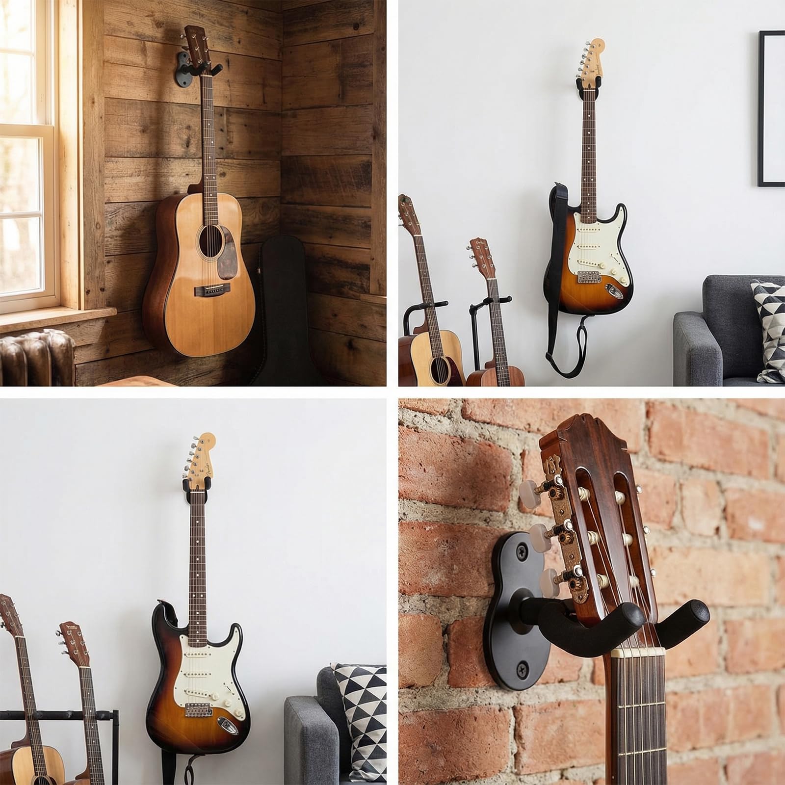 Ncheli Gitarrenhalterung Wand 2er Set, Gitarrenständer Wand Metall mit EVA Polsterung Kratzschutz, Wandaufhängung für Akustik E-Gitarre Bass Ukulele, inkl. Schrauben und Dübel