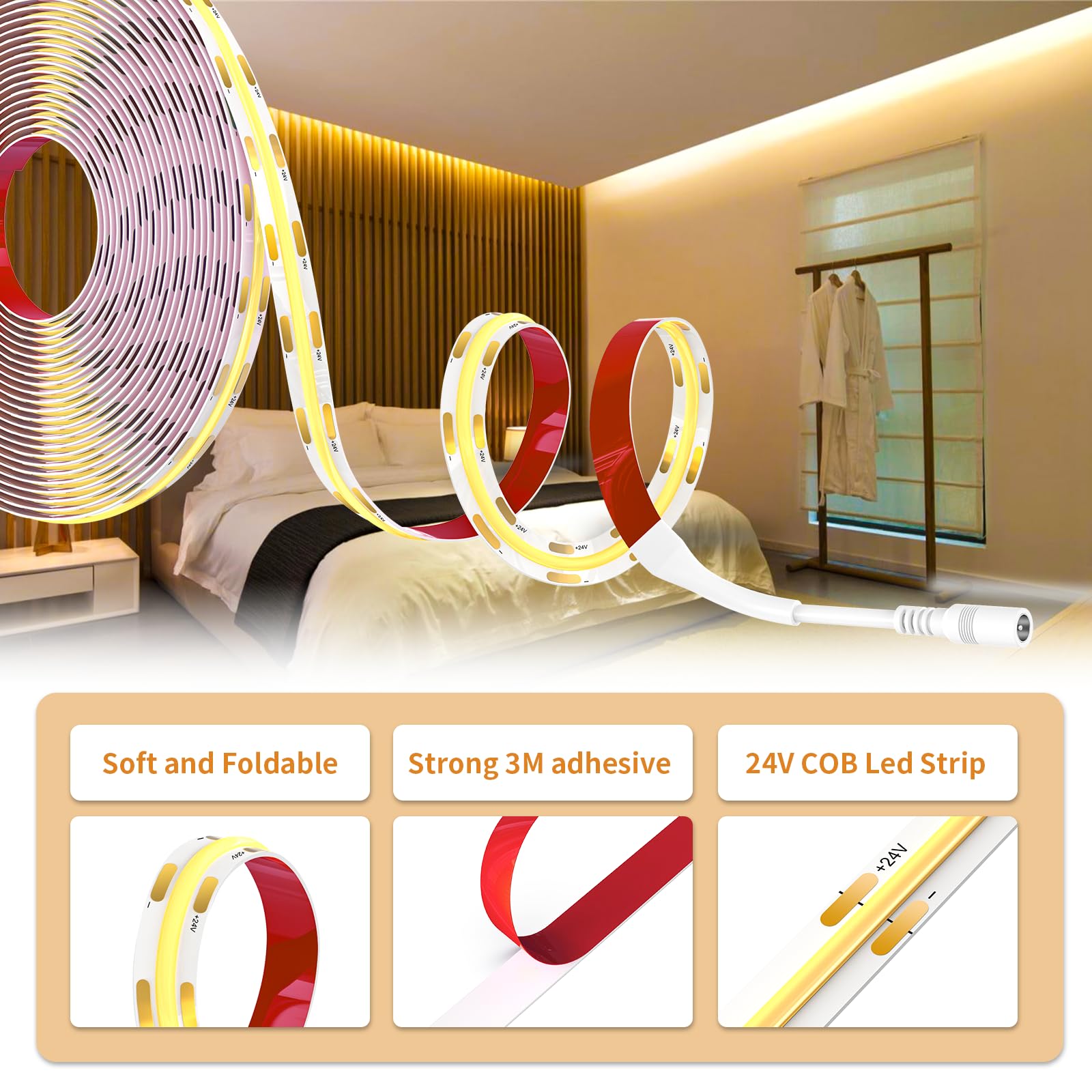 WOBSION Striscia LED Cucina COB 5 Metri Dimmerabile con RF Telecomando,Bianco Caldo Strisce Kit 3000K per Festa,la Casa,Bar,Camera e Armadio,24V GS Alimentatore Luminoso Luci da 320LEDs/M,CRI90+