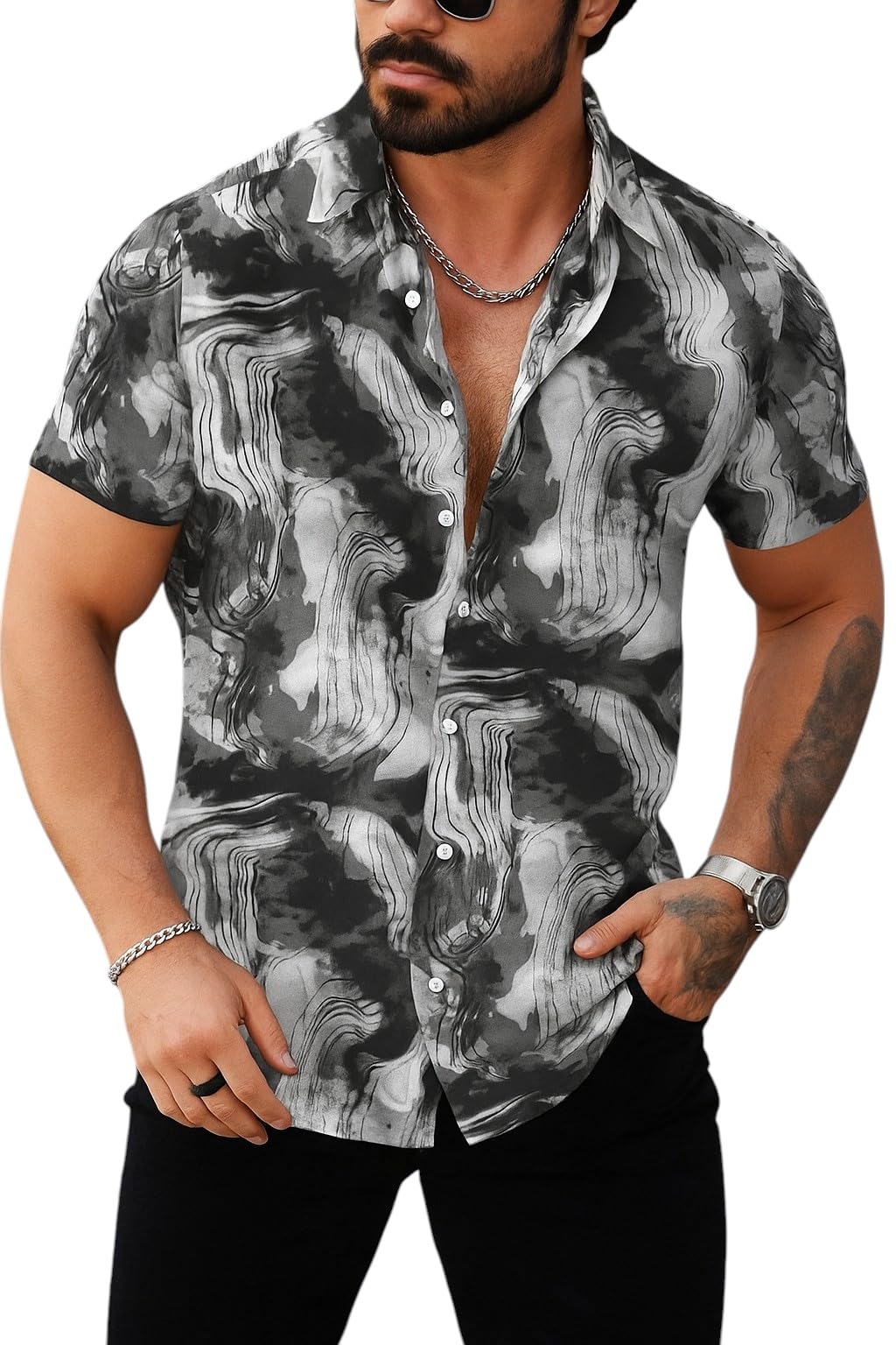 uiriuy Men's Printed Casual Short Sleeve Shirts – Tropical Leaf & Marble Pattern Summer Button Down Shirts-picture-17