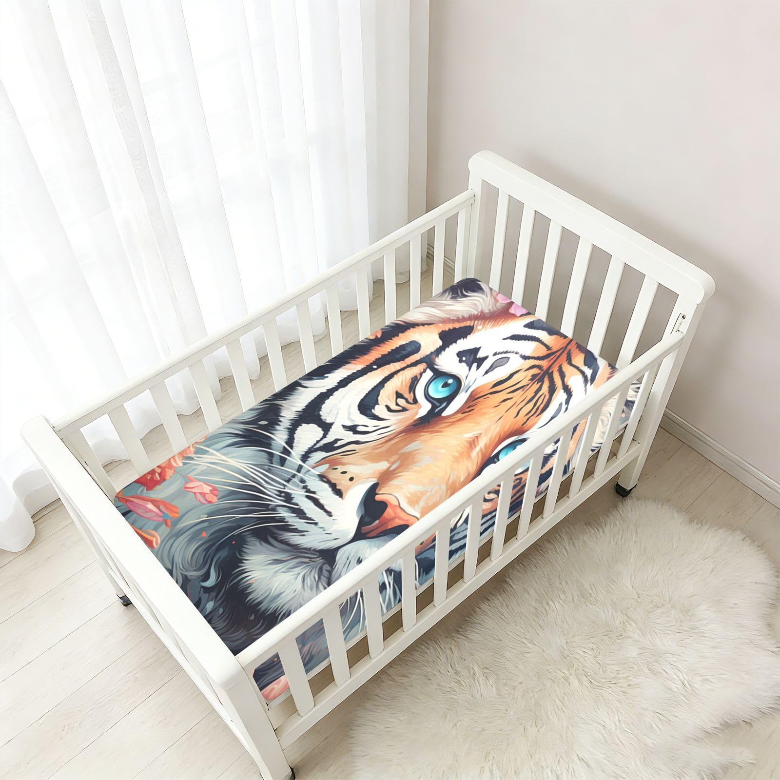 Tigre PatróN De Flores Sábana de Cuna para Niños Pequeños,Sábanas de Algodón Suave para Bebés Aptas para Colchón Corralito