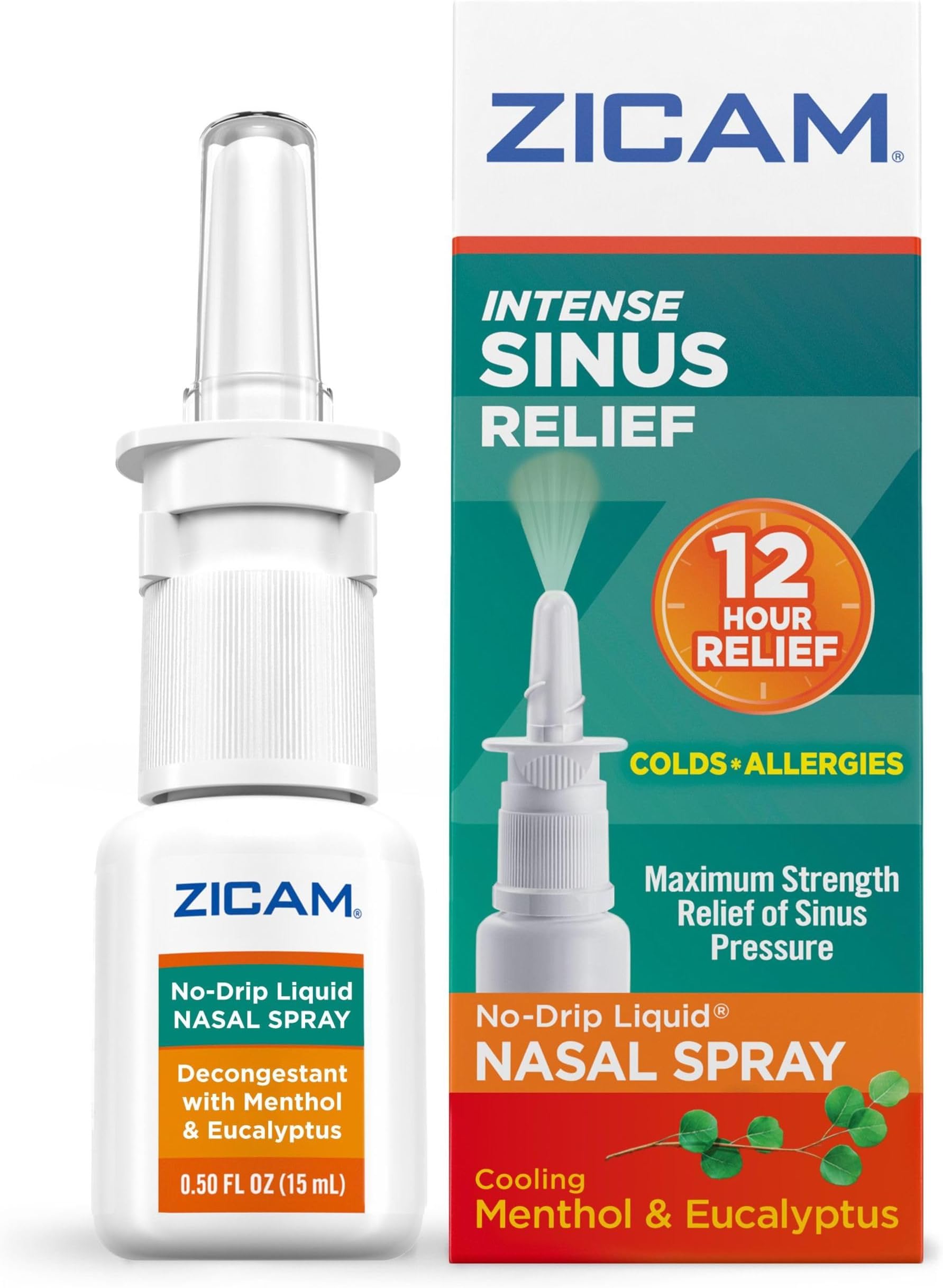 Intense Sinus Relief No-Drip Liquid Nasal Spray with Cooling Menthol & Eucalyptus, 0.5 Ounce (Pack of 1)