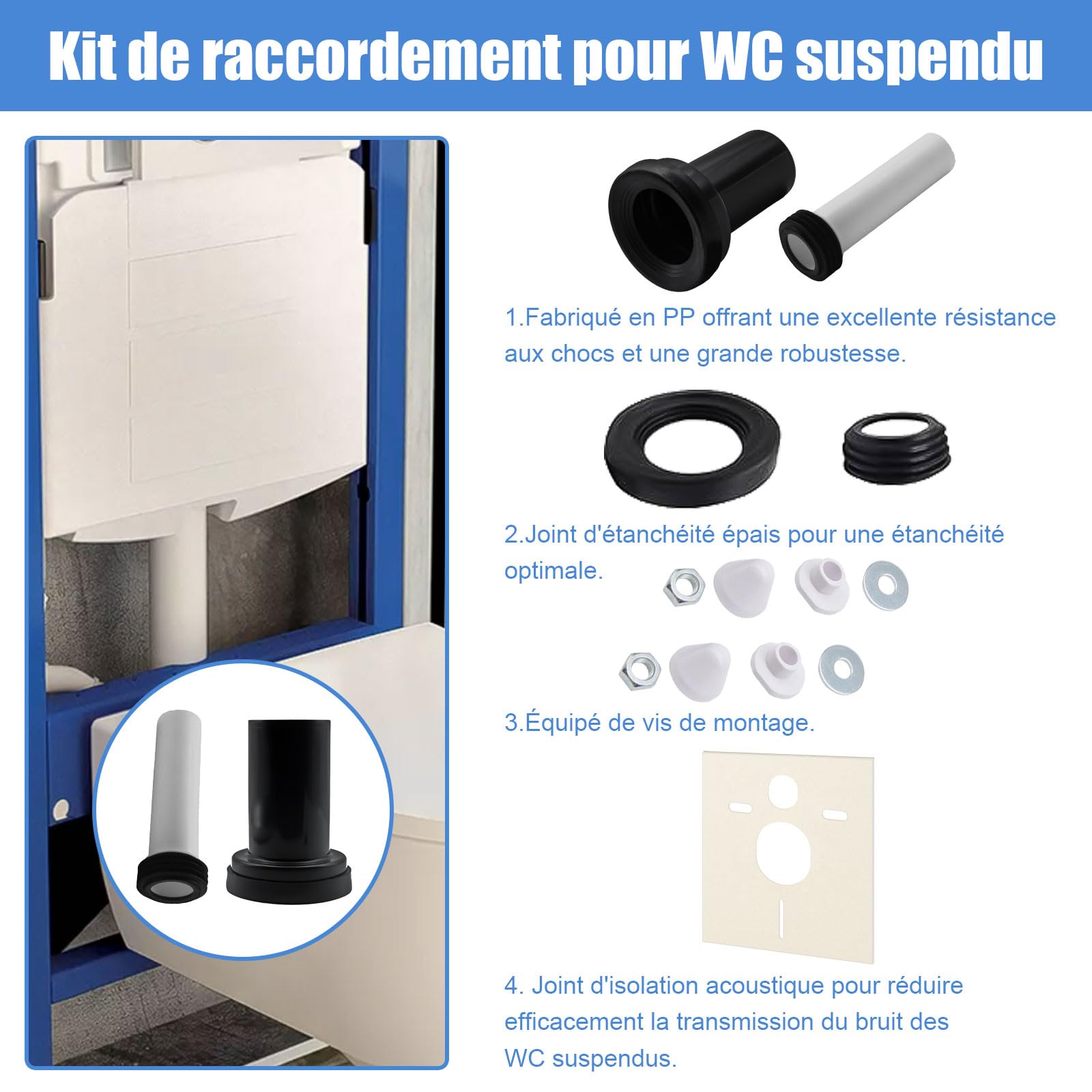 Kit de Raccordement pour Cuvette Suspendue, Compatible avec Geberit (152.426.46.1), Comprenant un Kit d'Isolation Phonique pour WC Mural (16.002.00.0000)