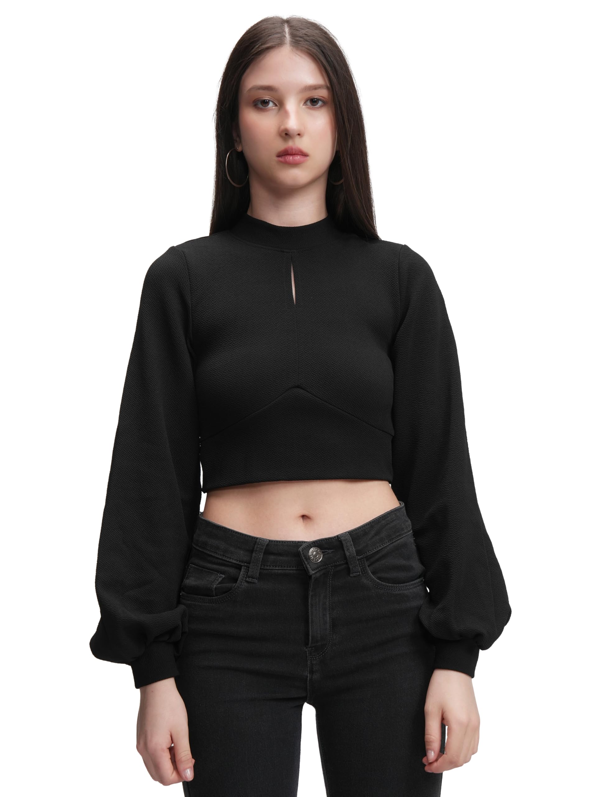 Women's Puff Long Sleeves High Neck Key Hole Crop Top | Trendy & Flattering | Perfect for Casual & Party Looks | Tops for Woman | Women Tops | Women Crop Top-image-34