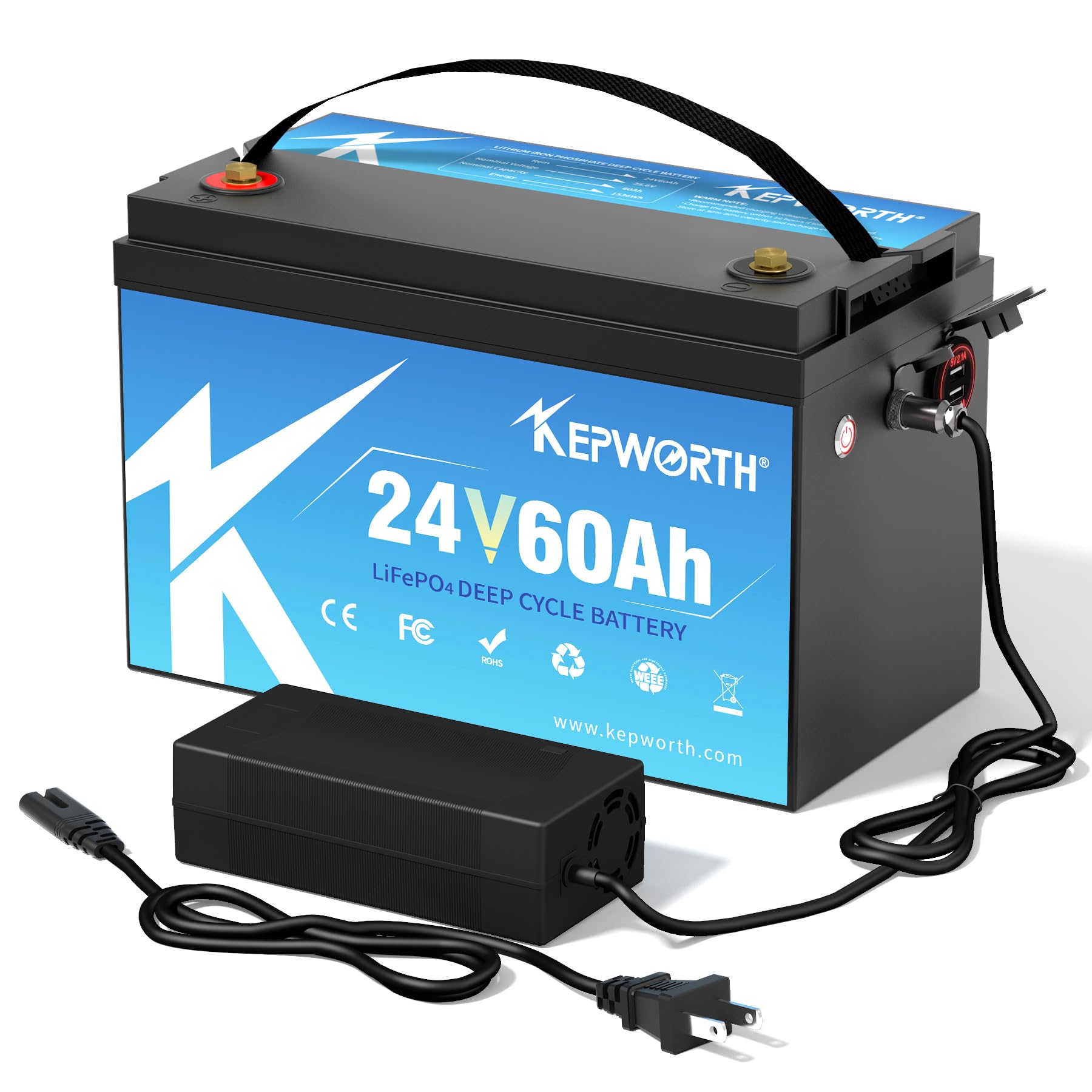 KEPWORTH 24V 60Ah LiFePO4 Battery, Rechargeable Lithium Batteries with BMS, UP to 4000+ Deep Cycles, Perfect for Boat, Marine, RV, Solar