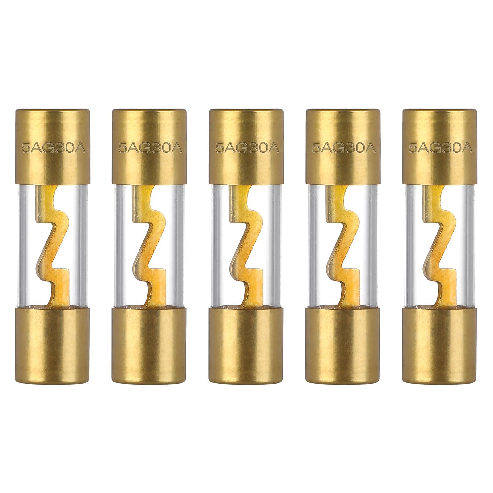 VEXUNGA 30A AGU Car Fuse Gold Plated 30 Amp Auto Audio Fuses Glass Tube for Automotive Stereo Power Protection (Pack of 5Pcs)