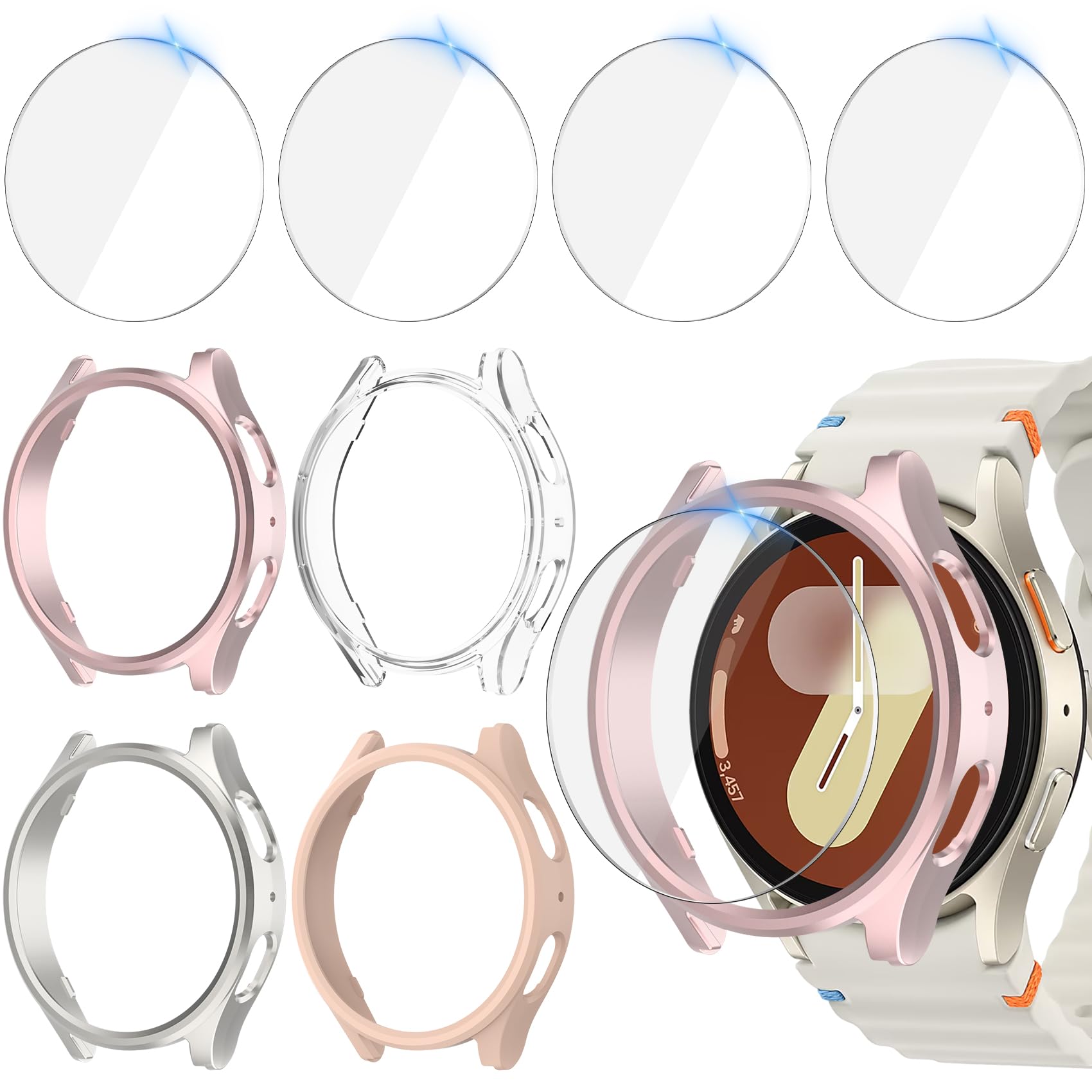 4+4Piezas Funda 40mm para Samsung Galaxy Watch 7 Protector, Antiarañazos PC Carcasa + HD Protector de Pantalla de Cristal Templado para Galaxy Watch 7 40mm (OroRosa+Estrella+RosaArena+Claro)