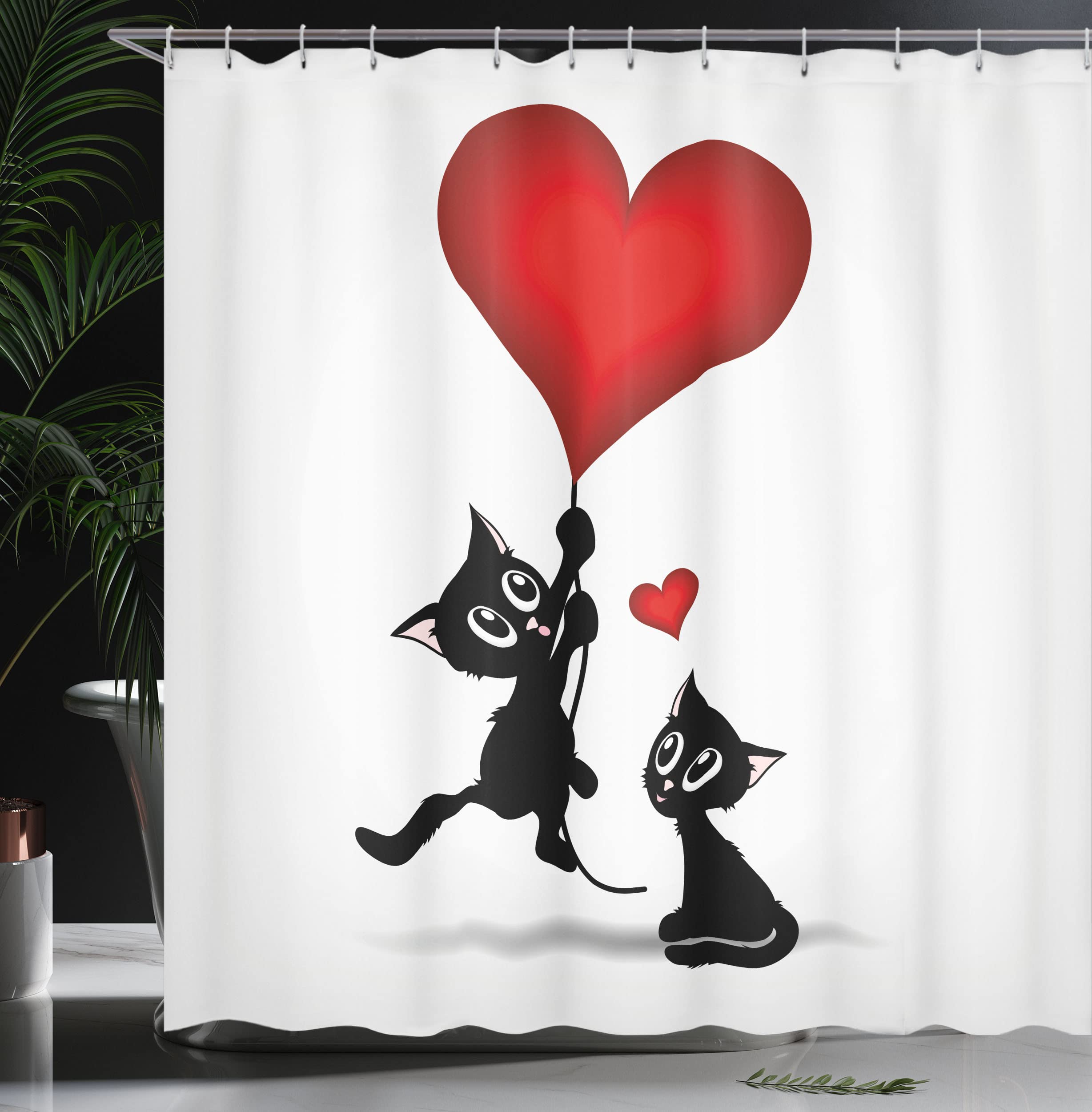 ABAKUHAUS Valentines Day Shower Curtain, Baby Cat Holding Heart Shaped Baloons Romantic Love Themed Illustration - Image 3